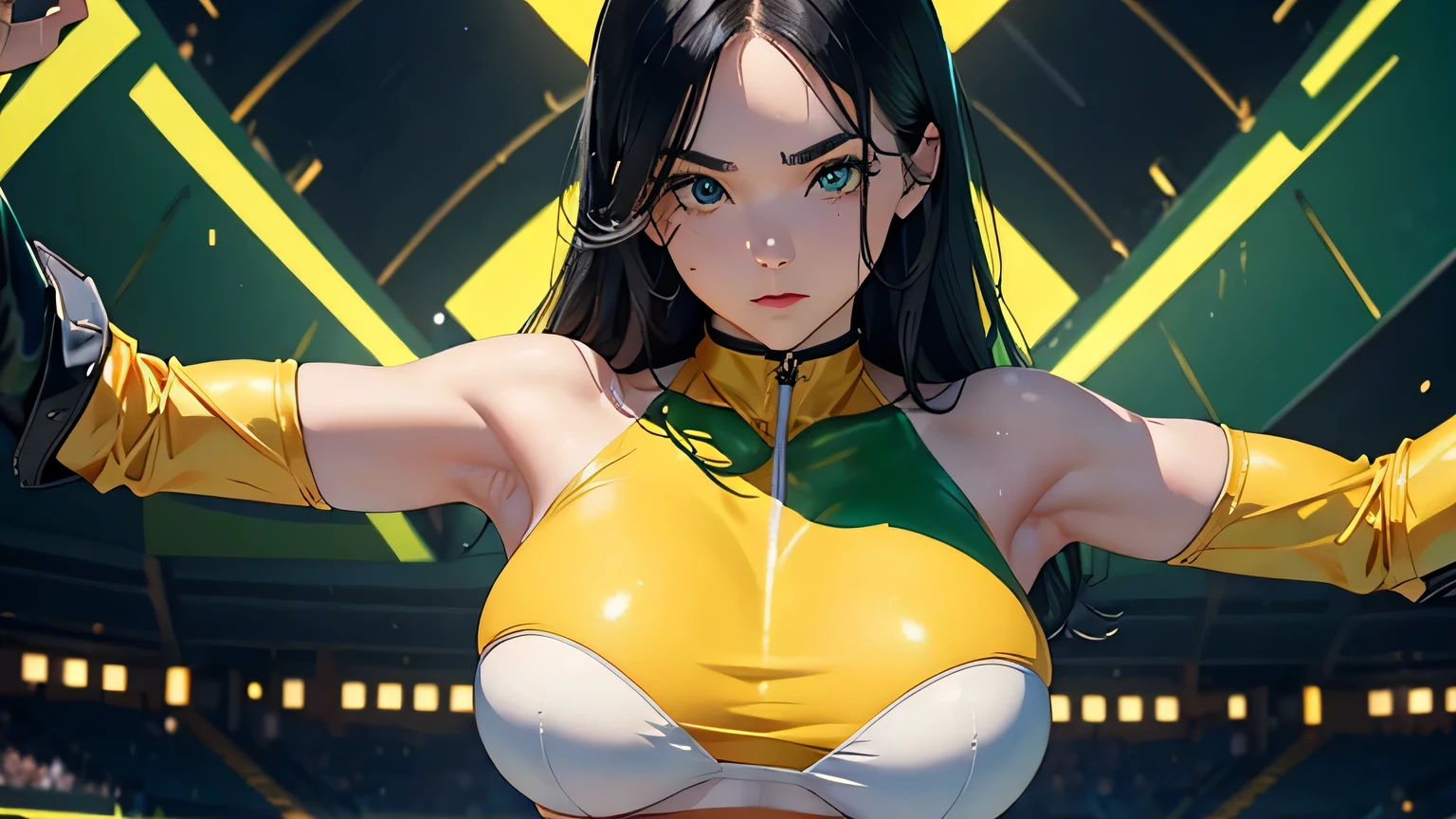 4K, A high resolution, Best quality at best, masterpiece, perfect colors, perfect shadow, perfect litthing, ((sportrait)), 1woman, fit body, heterochromia eyes,dark blue hair , blue eyes, With round lenses, The audience watched carefully, (s face: 1.2), Perfect female figure, ((dynamic pose)), ((green and yellow Tight crop top green and yellow leather suit)), ((shy and looking at viewert)), (Perfect thick white eyebrows) Delicate fur, 详细s face, s the perfect face, , (dynamic pose), big breast, open half breast