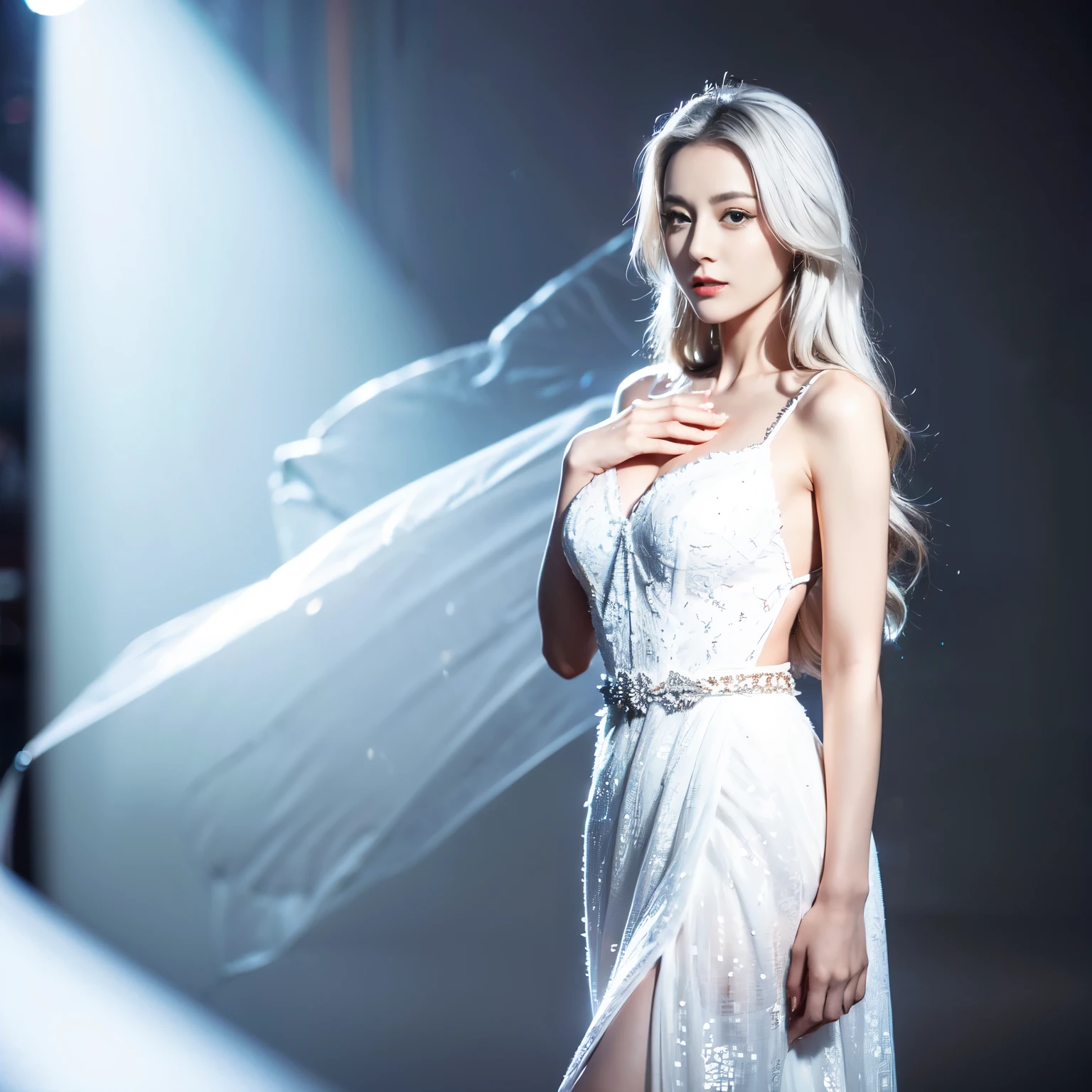 ((top quality、8k、Masterpiece:1.3))、Extremely delicate and beautiful girl,full-body shot,Very white skin,fiery red lips,Waist is very thin,Thighs are very thin,,White and smooth skin,Smooth and fair skin,flawless skin,Fair and shiny skin,cold white skin,The camera focuses on the chest,bright light,hair is white,A pair of huge white wings on the back,hazy light rays,white background,Long white dress,White hair,white hair