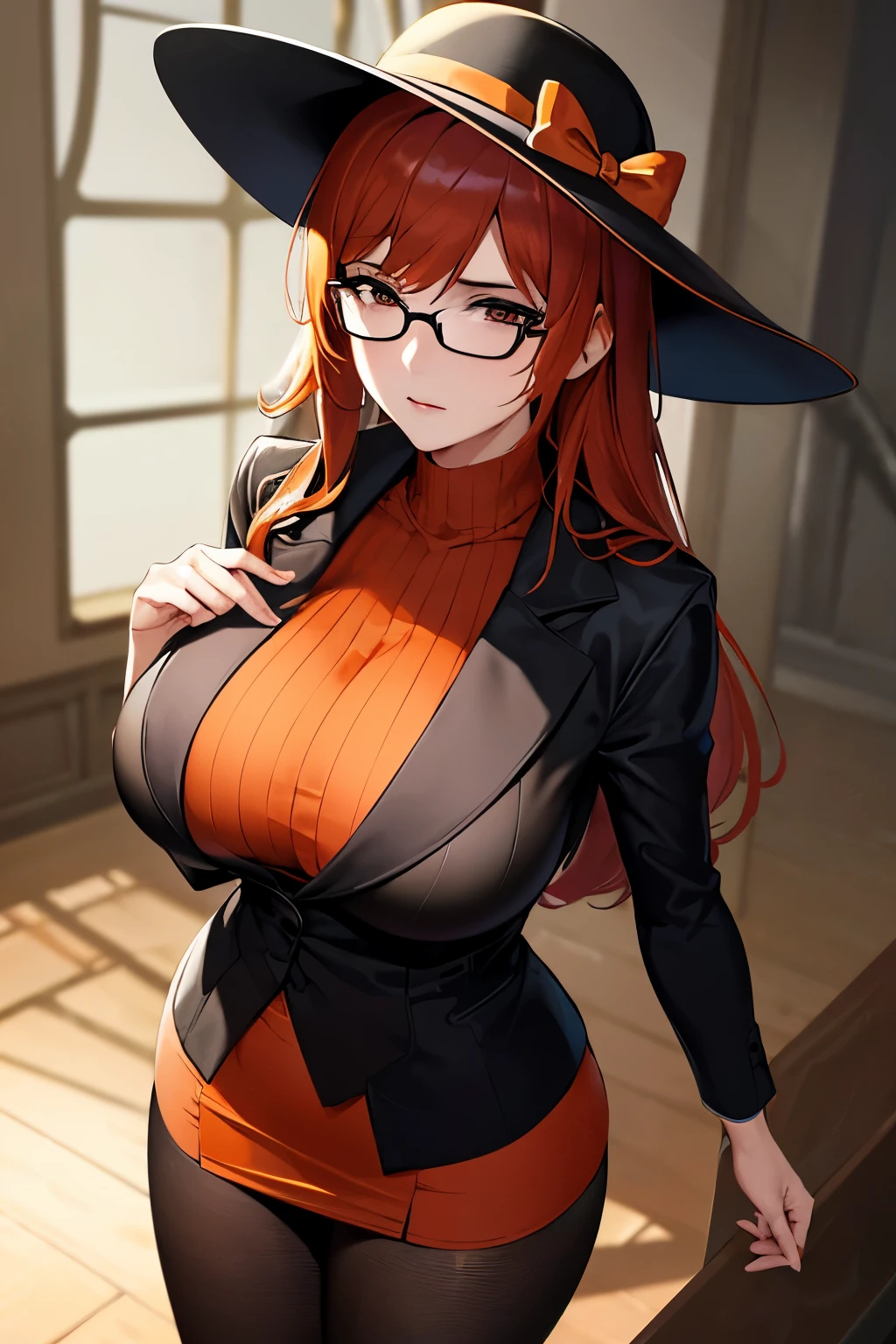 best quality, 32k, RAW photo, incredibly absurdres, extremely detailed, delicate texture, intelligent and beautiful female spy agent, sharp face outline, cold gaze, look down, glasses, vertically curled orange glossy hair, (wearing deep-huge brimmed hat, chic miniskirt suit, black pantyhose), slender, background (dim basement:1.3), spotlight, dust