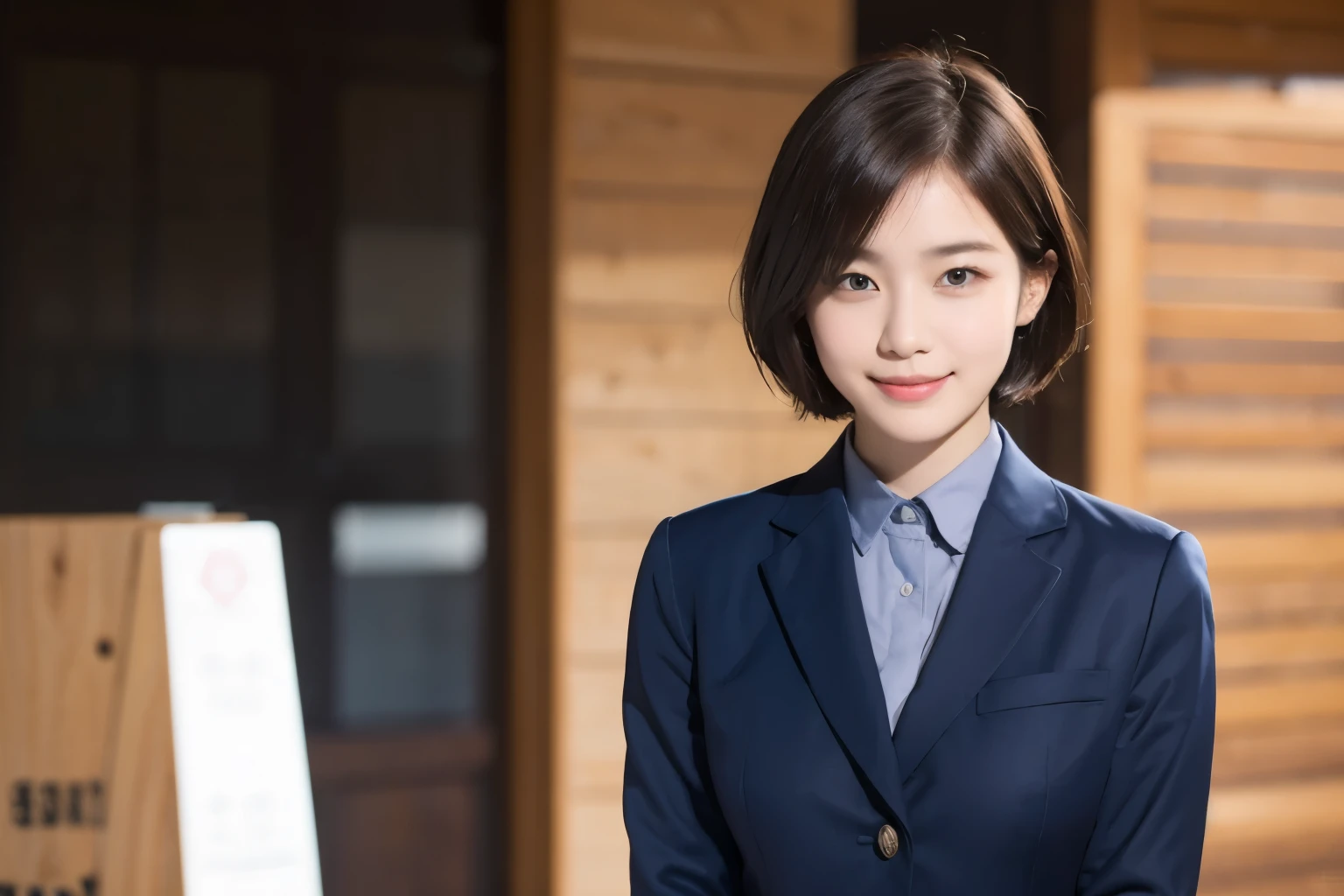 168
Shorthair, a 20 yo woman, gentle smile, working suit