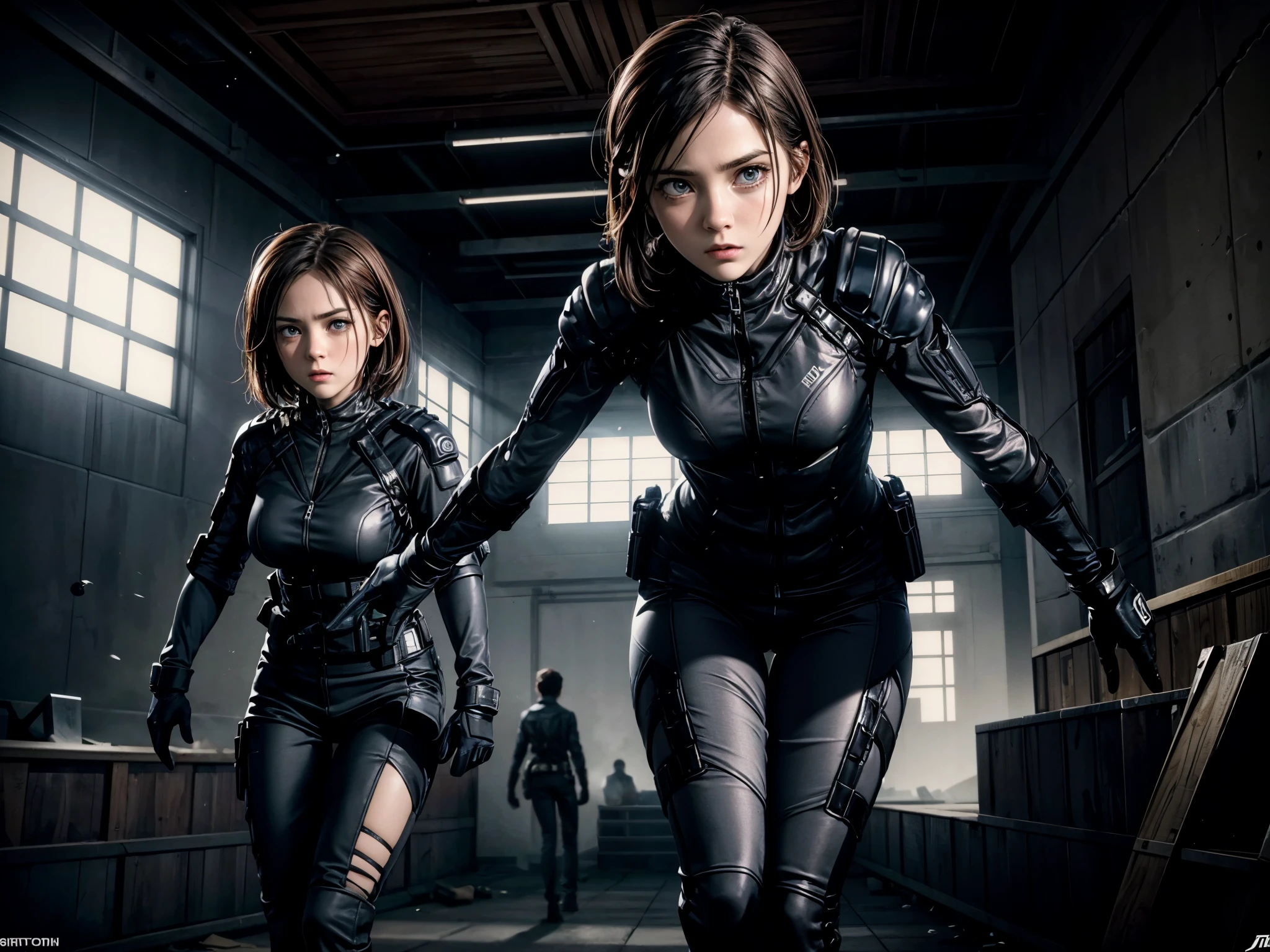 (detailed faces, intense action, spy thriller movie, dark palette, dramatic lighting, cinematic quality), 2 agents with determined expressions and intense eyes, wearing sleek black suits and holding loaded pistols, in a dimly lit abandoned warehouse, visibility enhanced to clearly see all facial features and expressions, with tense music playing in the background, a smoky atmosphere to add mystery and suspense, with bullets flying mid-air, ultra-detailed cracks on the walls portraying the intensity of the gunfight, realistic shadows cast by the agents to create depth, highres imagery capturing every minute detail, vivid colors to enhance the dramatic effect, intense backlit lighting creating silhouettes, capturing the adrenaline rush and fast-paced action, finishing with a sense of victory or cliffhanger ending.