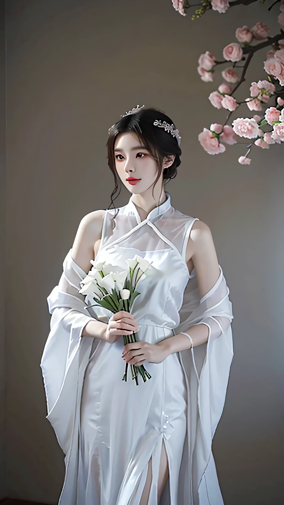 wearing white dress、Araf woman holding bouquet of flowers, 旗robe, Chinese style, White Hanfu, 旗robe, Transparent gray dress, elegant dress, Inspired by Dai Xi, fancy Silver dress, Graceful and luxurious, sha xi, robe, sexy robe, Silver，ivory, white robe, wearing an elegant dress, stunning elegance,