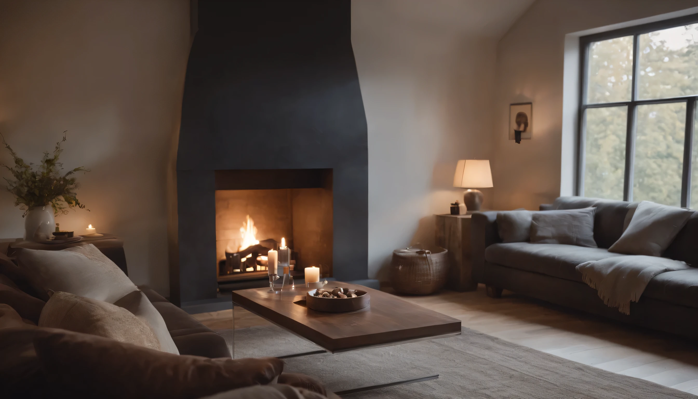 large room with dark wood, Windows on the upper floors, A lit fireplace and a large sofa in front of the fireplace. A warm and stylish room decorated with candles The window is bigger glass. There are no words, no books, no people. The wood under the fireplace isn't burning Stylish stool next to the sofa A candle on the stool