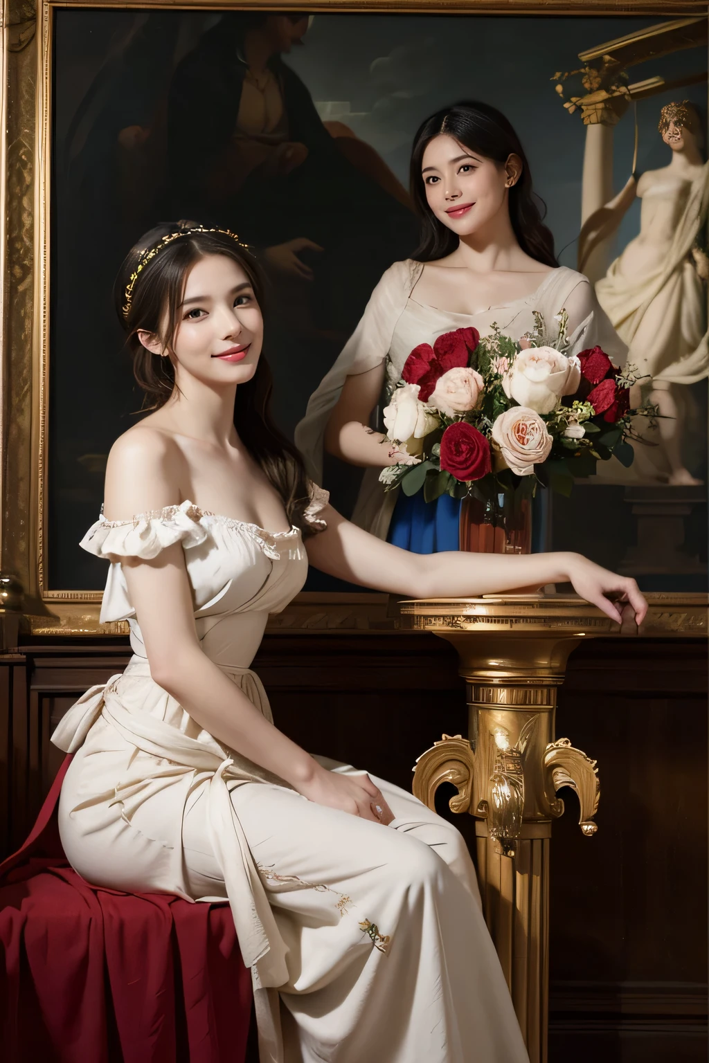 jack=Louis David's painting style,Discussion between two female philosophers,As、astronomical machine、astronaut、roses in vase、fruit、Cute trinkets、smile、ancient greek costume、Clothes that stretch your shoulders、A big smile、beautiful bare skin、A detailed representation of the seducing woman throughout her body..