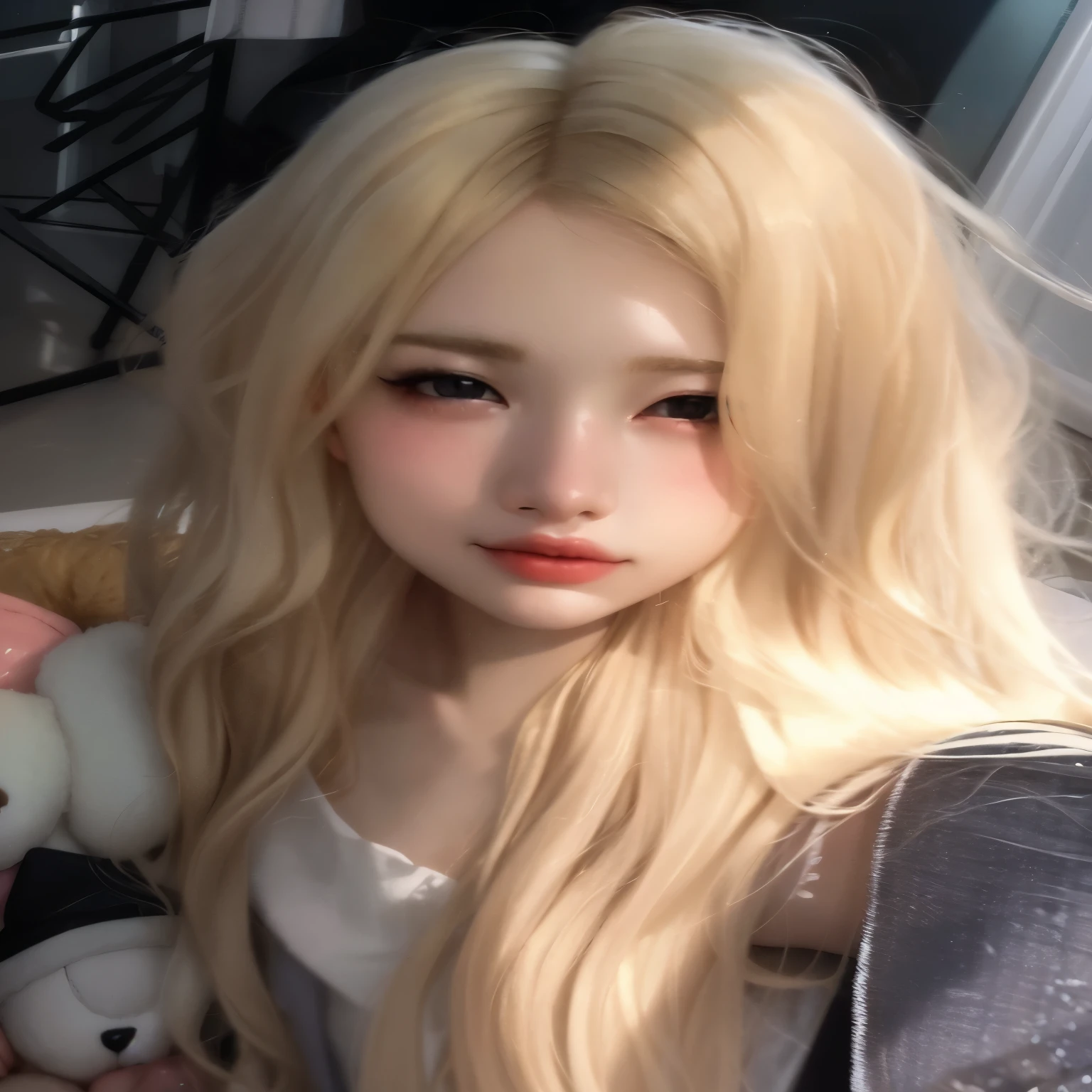 a close up of a person with long blonde hair and a teddy bear, wonyoung from ive, very very pale blond hair, ulzzang, pale round face, extremely pale blond hair, her hair is white, korean girl, jossi of blackpink, pale porcelain white skin, long blonde hair and big eyes, a girl with blonde hair, pale glowing skin