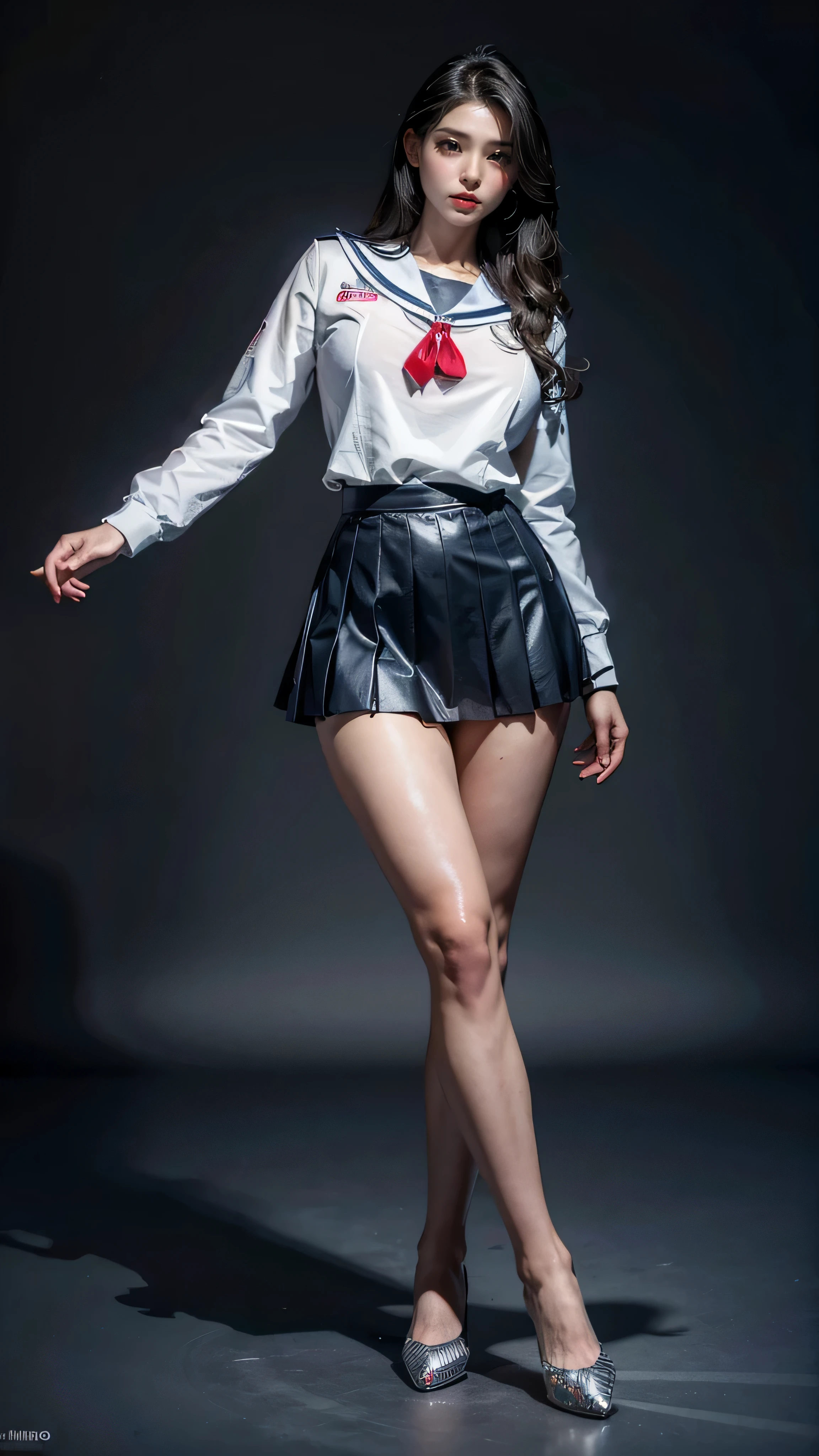 (masterpiece, best quality, realistically, Work, super detailed, 8k), ((Wide-angle lens, Full body female love)), 1 girl，Light makeup，Exquisite facial features，Smile，Exquisite hairstyle, long hair，big breasts，Correct finger structure，Sailor suit，Dark blue pleated skirt，front standing posture ，facing the audience，full body portrait，gray background，nothing in the background