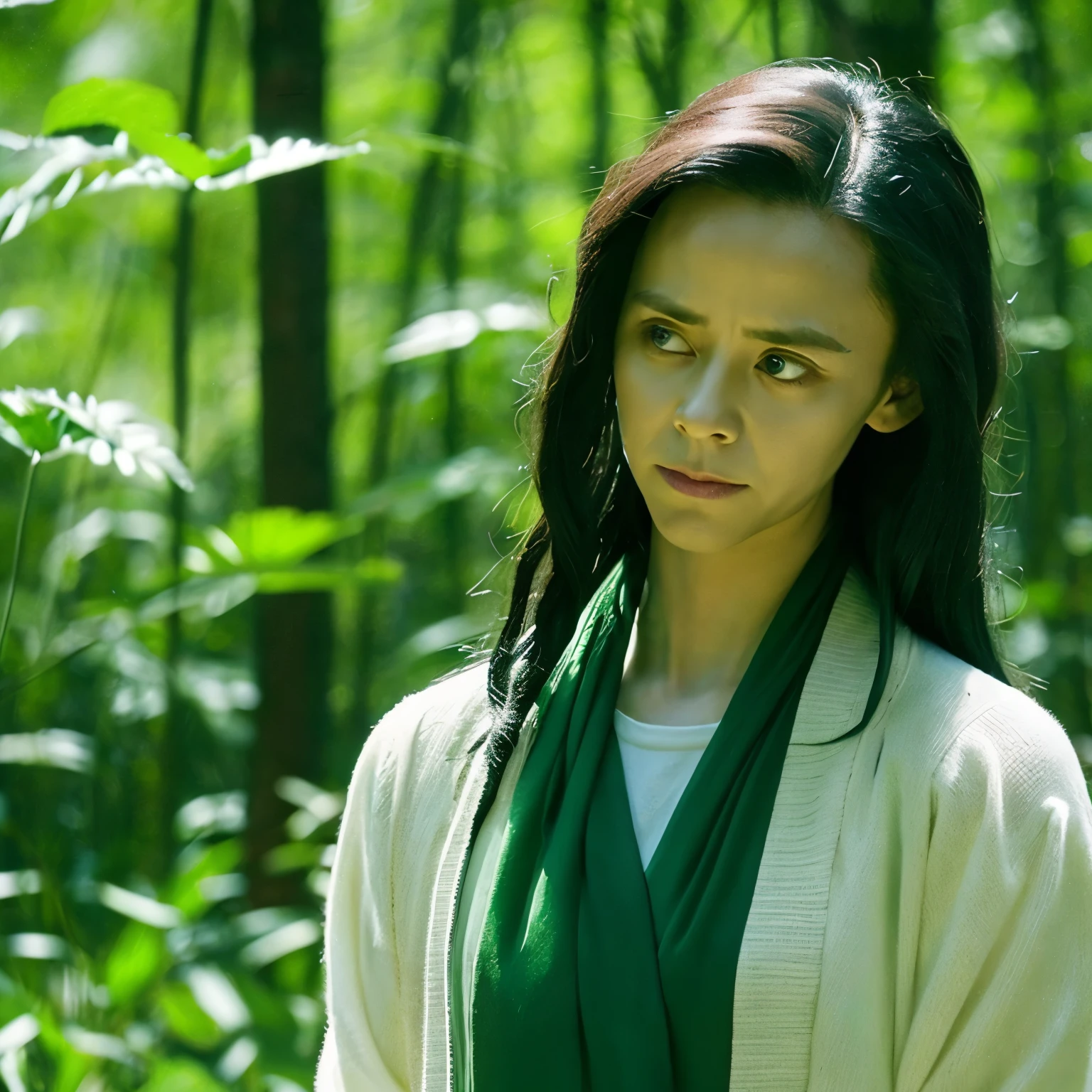 (melancholy:1.5), endless green [green field:1.3], natural scenery:1.2], strong admiration, love of youth, Kindness in every expression, Sad face, Beautiful and correct combination.loki god of mischief