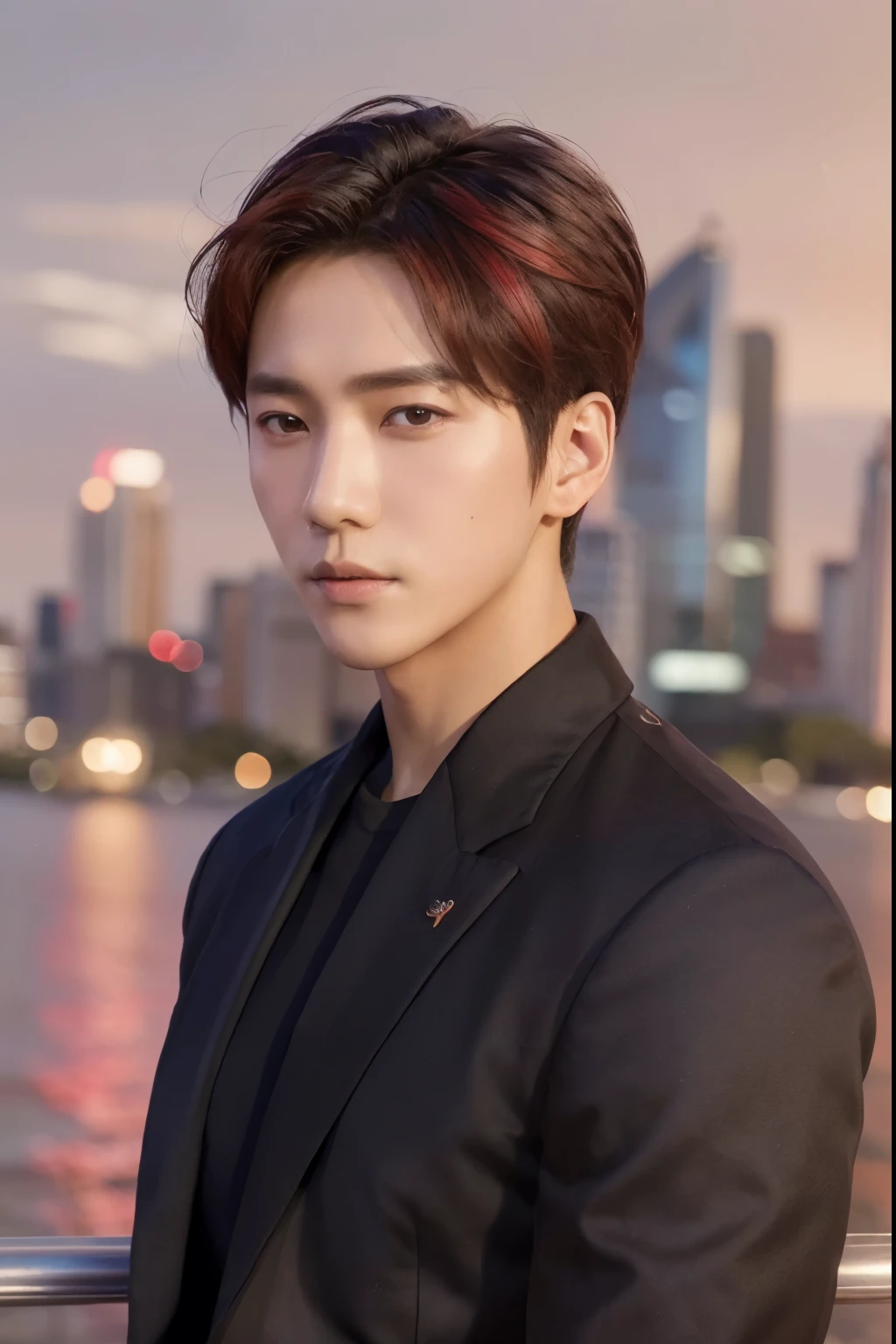 realistic, (masterpiece, highest quality, highest quality, official art), very detailed, colorful, most detailed, god々, short hair, (Glowing Red Isterioazic), Handsome guy, butterfly,South Korea,KPOP Idol,Single,Asian,Sydney cityscape background,body whole
