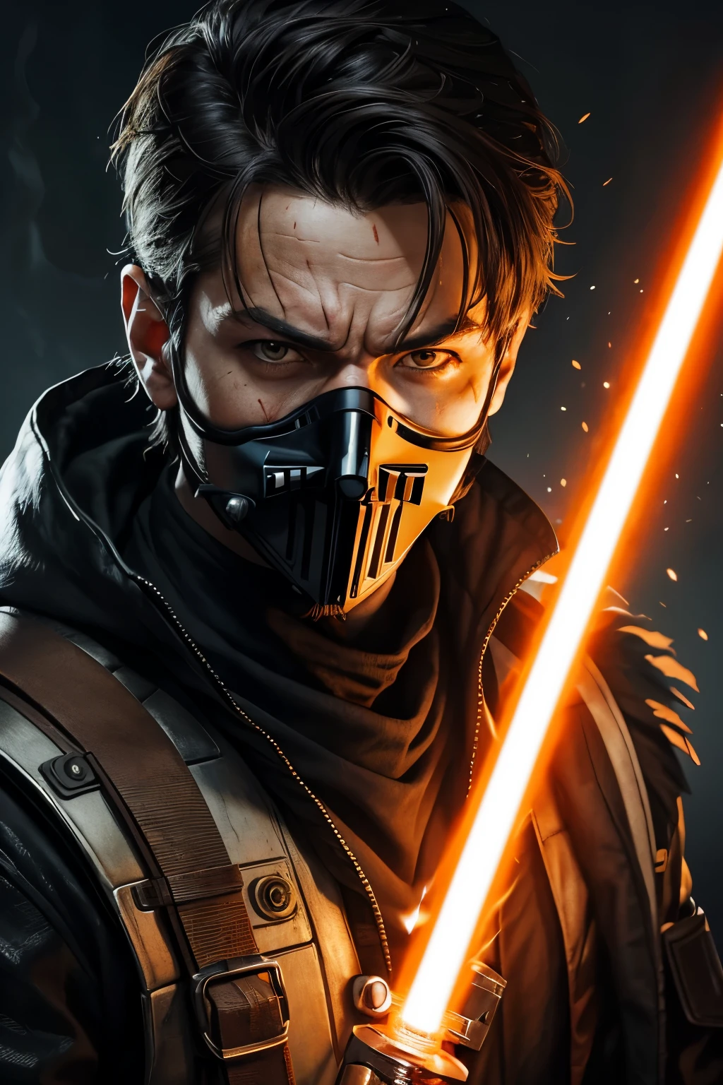 portrait of man, using a fire orange lightsaber in your half hand, a bad scar in face, using a mask and gray armor,