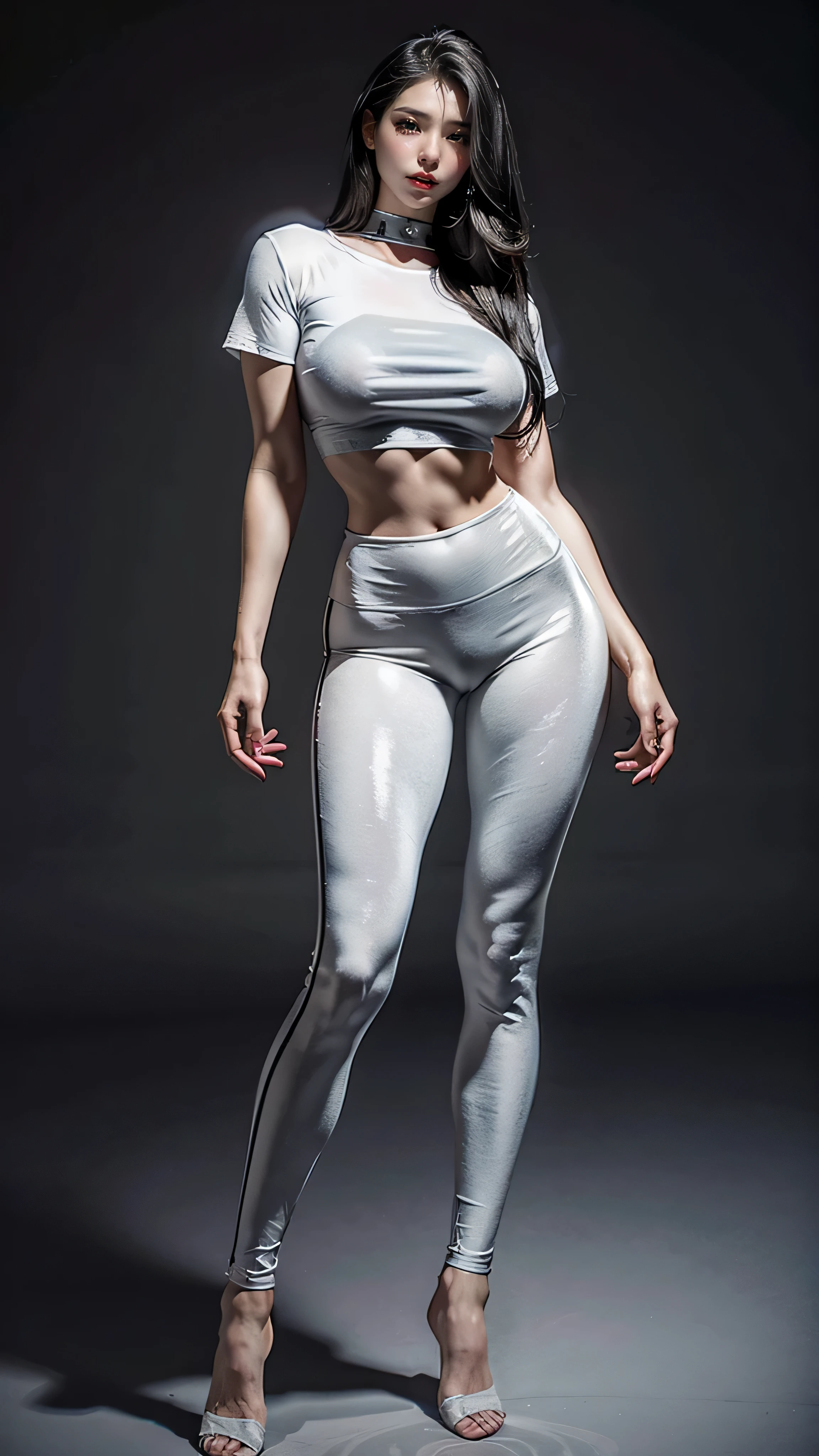 (masterpiece, best quality, realistically, Work, super detailed, 8k), ((Wide-angle lens, Full body female love)), 1 girl,Light makeup,Exquisite facial features,Smile,Exquisite hairstyle, long hair,big breasts,Correct finger structure,Short sleeve T-shirt,yoga pants,front standing posture ,facing the audience,full body portrait,gray background,nothing in the background