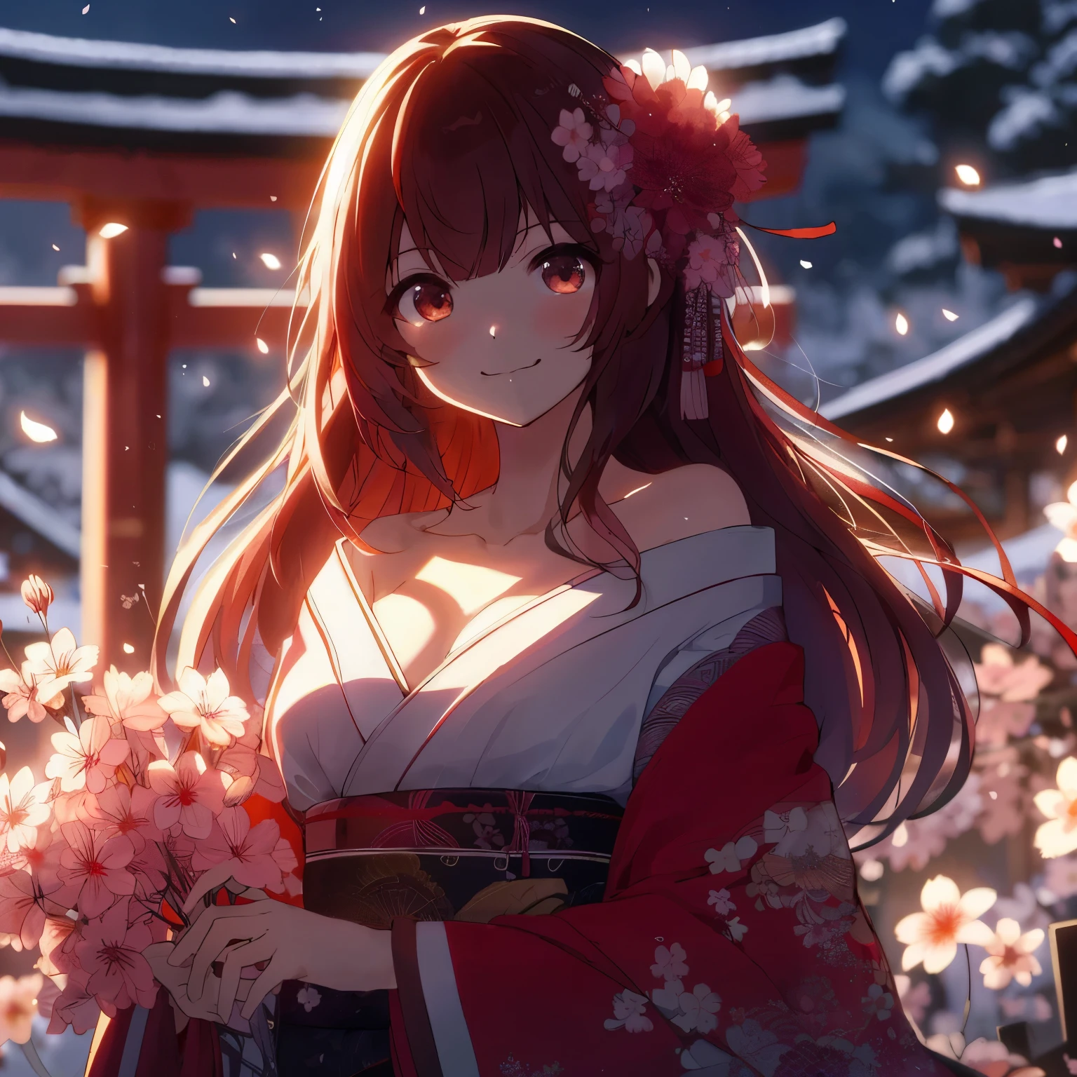 Anime girl in kimono holding flowers in front of the door, anime style 4k, anime wallpaper 4k, anime wallpaper 4k, anime art wallpaper 4k, Anime Art Wallpaper 4k, anime art wallpaper 8k, 4k anime wallpaper, Beautiful anime girl, Beautiful anime, Sakura petals surround her, Beautiful anime portrait, Beautiful anime artwork, Beautiful anime art