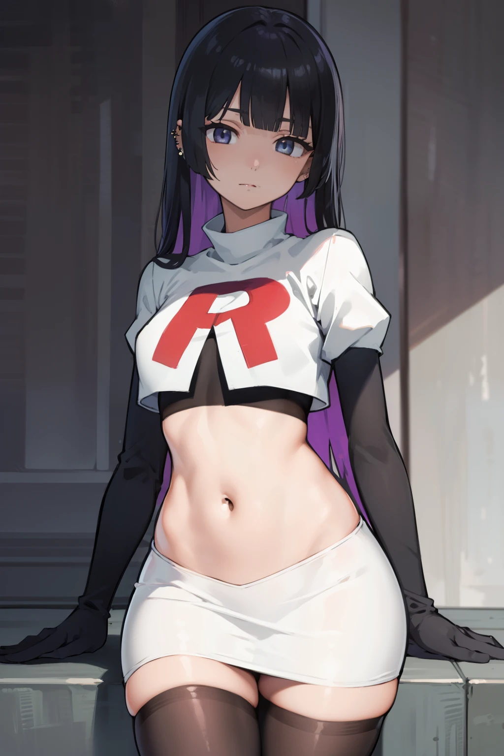 bocchipasan, pasan, black hair, blunt bangs, blunt ends, chin piercing, colored inner hair, ear piercing, (grey eyes:1.2), hime cut, long hair, medium bangs, multicolored hair, piercing, purple hair,
BREAK team rocket,team rocket uniform,white skirt,red letter R,crop top,black thigh-highs,black elbow gloves,
BREAK looking at viewer,
BREAK (masterpiece:1.2), best quality, high resolution, unity 8k wallpaper, (illustration:0.8), (beautiful detailed eyes:1.6), extremely detailed face, perfect lighting, extremely detailed CG, (perfect hands, perfect anatomy),