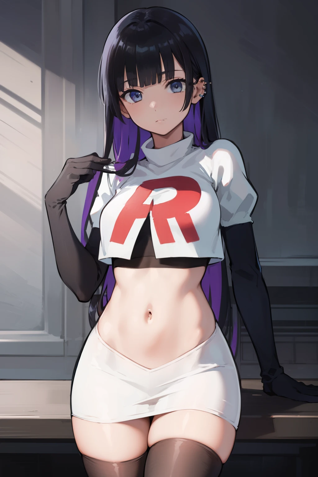 bocchipasan, pasan, black hair, blunt bangs, blunt ends, chin piercing, colored inner hair, ear piercing, (grey eyes:1.2), hime cut, long hair, medium bangs, multicolored hair, piercing, purple hair,
BREAK team rocket,team rocket uniform,white skirt,red letter R,crop top,black thigh-highs,black elbow gloves,
BREAK looking at viewer,
BREAK (masterpiece:1.2), best quality, high resolution, unity 8k wallpaper, (illustration:0.8), (beautiful detailed eyes:1.6), extremely detailed face, perfect lighting, extremely detailed CG, (perfect hands, perfect anatomy),