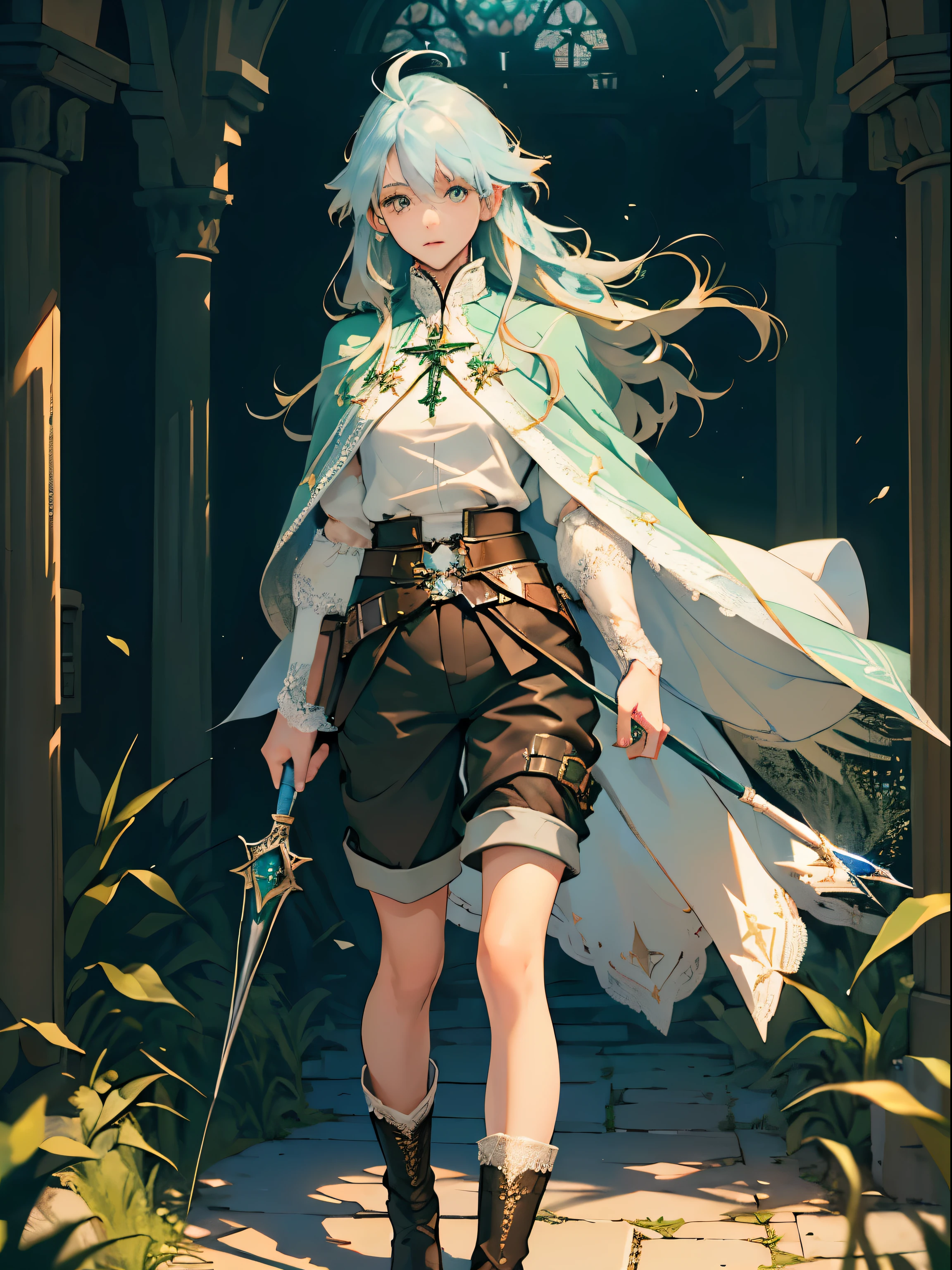 masterpiece, super detailed, 8K portrait, RAW photo, portrait photography, highly detailed face, beautiful and detailed eyes, ((fantasy)), young and beautiful, (((Female priests))), (((((Are standing))))), ((light blue long thin hair)), Ahoge, amount, kind face, white skin, (((green and white puffy sleeve lace priest's robe))), ((Brown cape)) fluttering in the wind, (((low leg shorts))), leather boots, ((((equip a magic wand)))), midday sun, surreal, body model, small breasts, beautiful breasts, long legs, In the medieval adventurer's guild, environmental lighting, shadow details, focus the camera on the face, strong wind, light fog