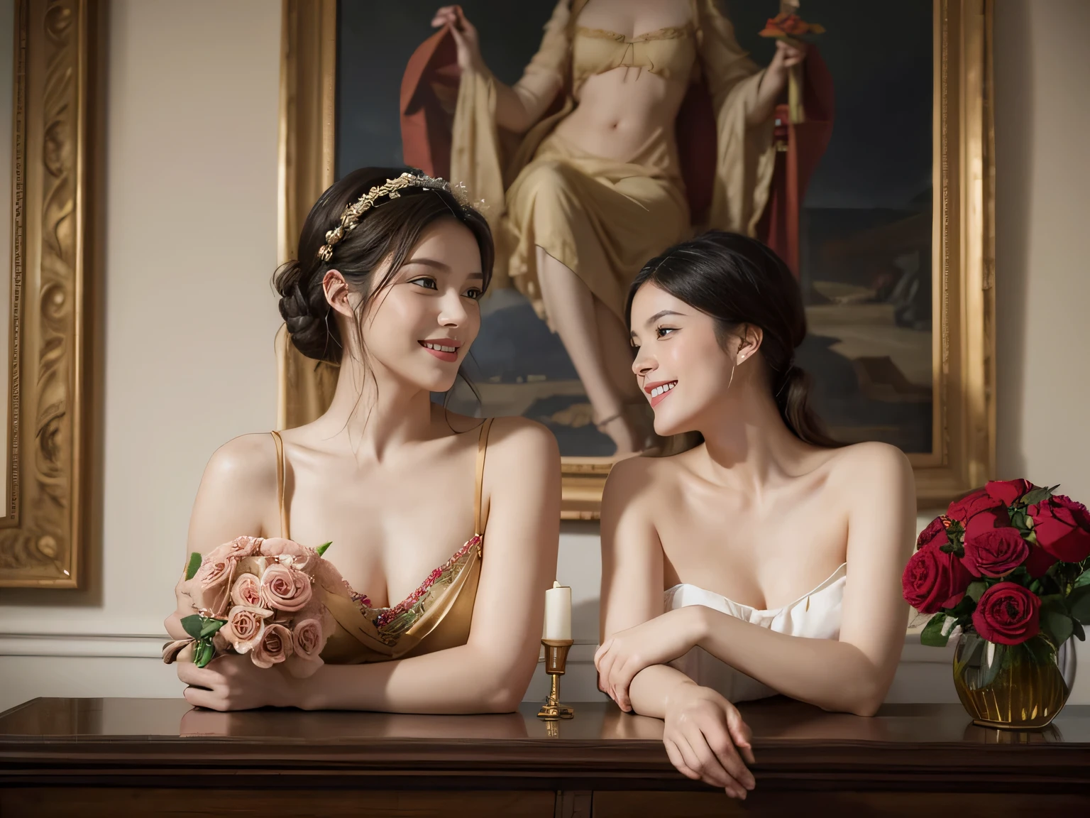 jack＝Louis David&#39;s painting style,Discussion between two female philosophers,As、astronomical machine、astronaut、roses in vase、fruit、Cute trinkets、smile、ancient greek costume、Clothes that stretch your shoulders、A big smile、beautiful bare skin、A detailed representation of the seducing woman throughout her body..