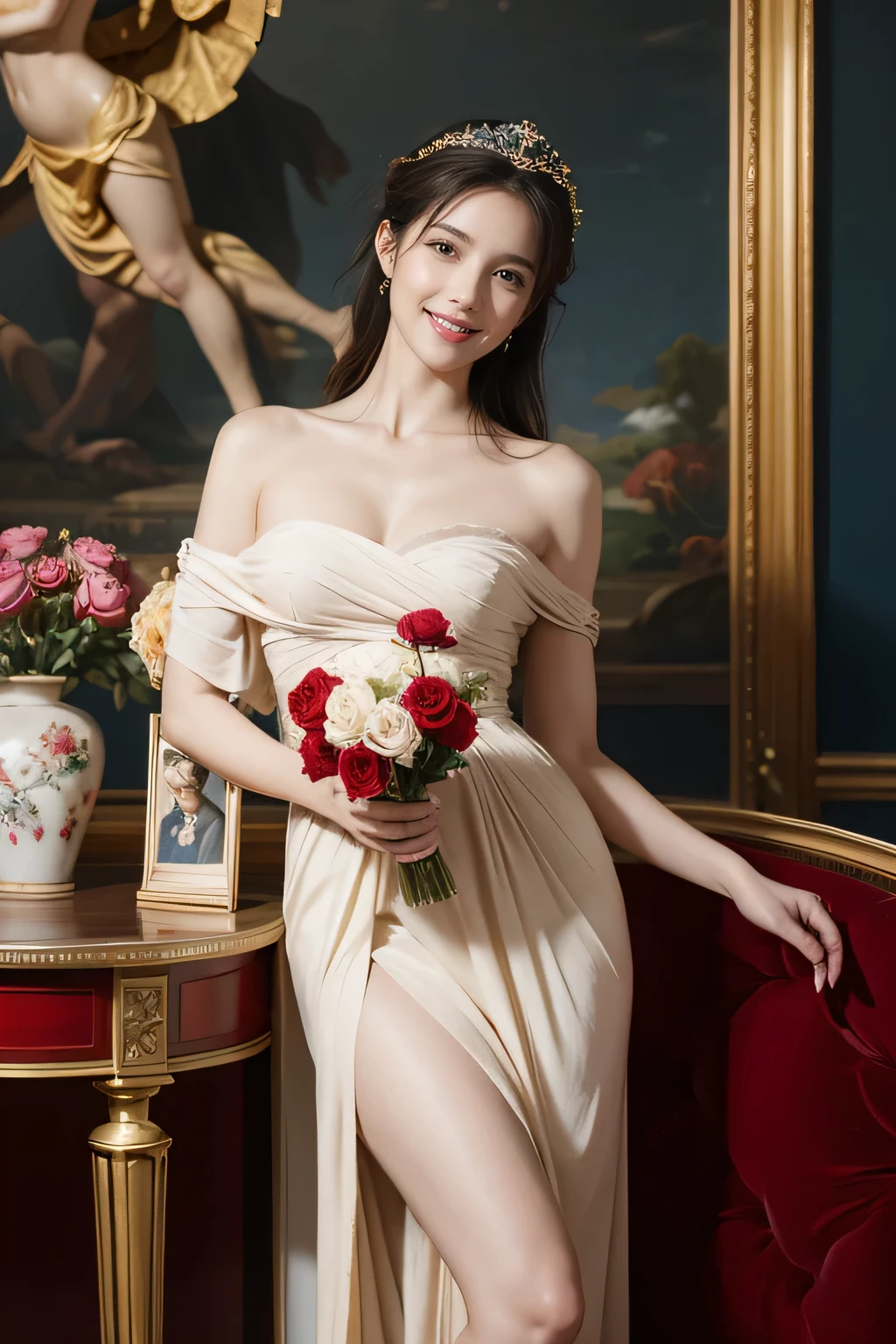 jack=Louis David's painting style,Discussion between two female philosophers,As、astronomical machine、astronaut、roses in vase、fruit、Cute trinkets、smile、ancient greek costume、Clothes that stretch your shoulders、A big smile、beautiful bare skin、A detailed representation of the seducing woman throughout her body..