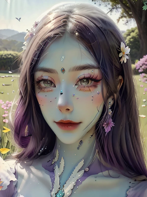 (best quality,ultra-detailed),alien girl,smiling,blossom flower field,flower in ear,beautiful detailed eyes,beautiful detailed lips,purple and pink flowers,glowing skin,sparkling eyes,peaceful expression,purple and green grass,butterflies flying,soft sunlight,joyful atmosphere,warm colors,delicate petals,lush greenery,harmonious composition,vibrant nature,dreamy background,charming aura,fantasy vibes,surreal ambiance,ethereal beauty,artistic rendering,impressive details,colorful palette,blissful moment,serene scenery,majestic presence,otherworldly charm,photorealistic view