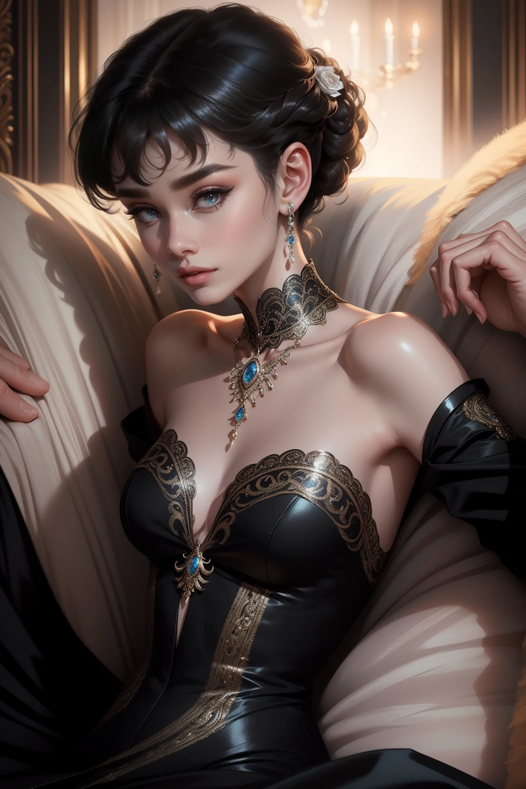 (Masterpiece - Ultra-Detailed, High Resolution) Prepare to be enchanted by a true masterpiece that combines ultra-detailed art with high-resolution rendering. This work shows a mesmerizing woman, with short, black hair, 1928s style,  Audrey Hepburn (1.3) and captivating dark brown eyes (1.2), New York illustration style, wearing red lipstick, emanating an aura of elegance and mystery. Wearing classic victorian dress 1928s clothing.  Intricate details and realistic textures invite you to explore every aspect of this enchanting composition. Black dress. reading, writing, walking, backwards, lying down, standing, dynamic poses, mouth closed. Different posture , dynamic poses, mouth closed. Different posture, with chin resting on shoulder. Perfect fingers. Get ready to dive into a world where beauty and craftsmanship merge perfectly.