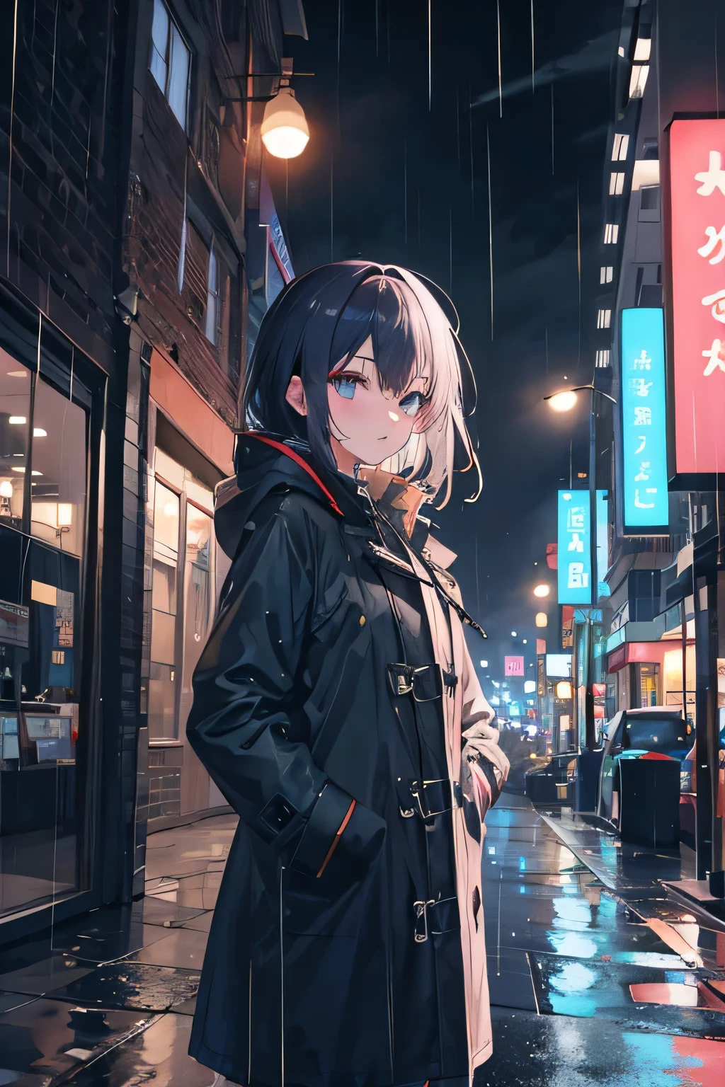 1 girl,night city,rain,coat,hands in pockets