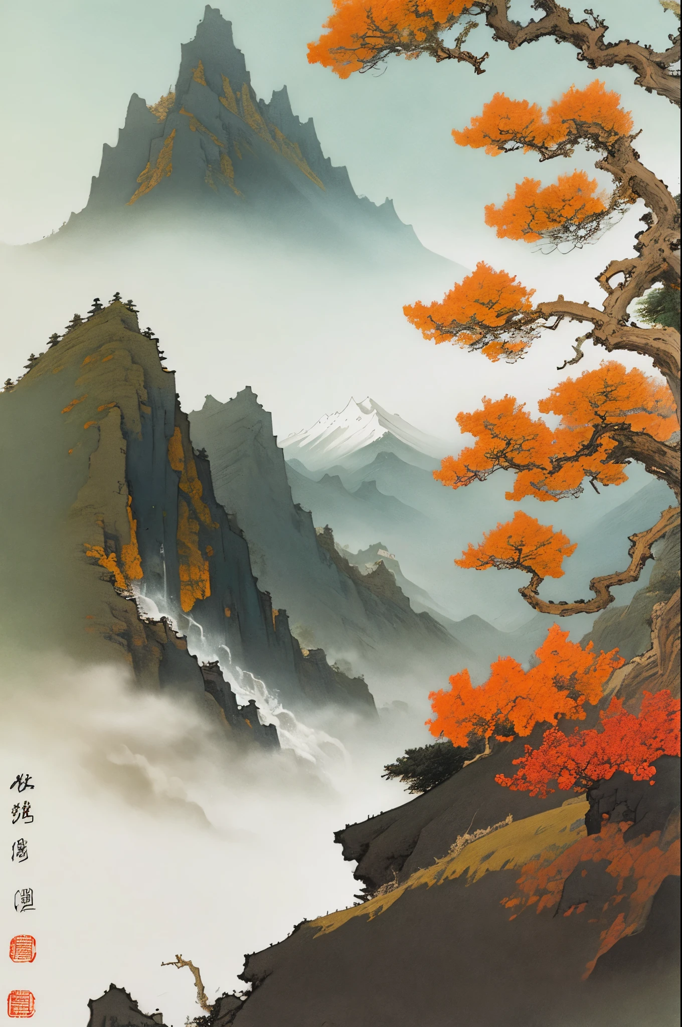 mountainous landscape,traditional Chinese painting style,calm and serene atmosphere,waterfall cascading down the mountains,ancient pine trees dotting the slopes,soft mist enveloping the peaks,colorful blooms in the foreground,subtle brushwork and ink wash techniques,impressionistic touches to evoke a sense of tranquility,sublime beauty of nature captured in delicate brushstrokes,masterpiece:1.2,ultra-detailed,highres,vivid colors,rhythmic composition,sublime sense of scale and depth,majestic and awe-inspiring scenery,harmonious balance between void and substance,poetic and dreamlike atmosphere，style