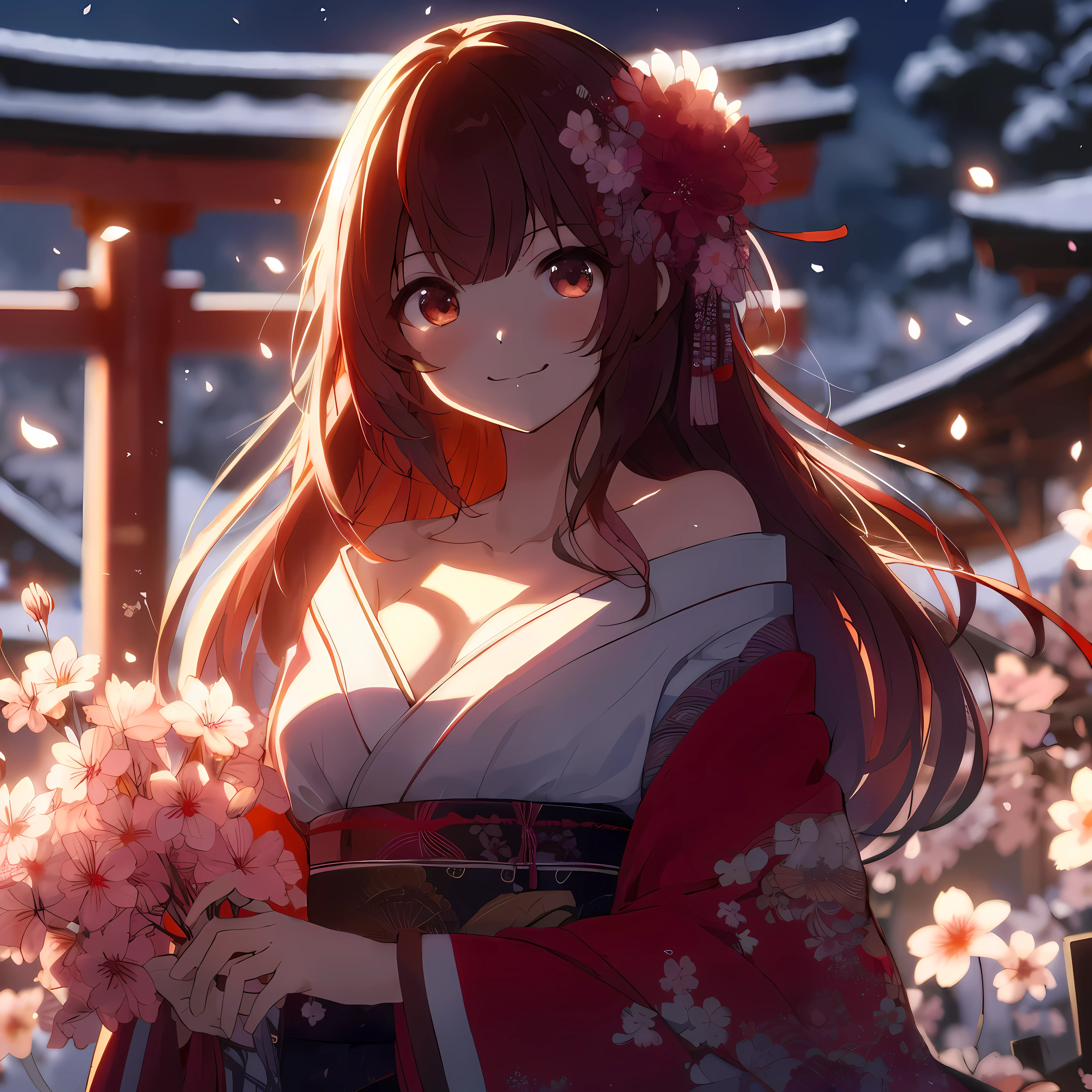 Anime girl wearing kimono holding flowers in front of the door, anime style 4k, anime wallpaper 4k, anime wallpaper 4k, Anime Art Wallpaper 4k, Anime Art Wallpaper 4k, Animation Art Wallpaper 8k, 4k anime wallpaper, Beautiful anime girl, Beautiful anime, Sakura petals surround her, Beautiful anime portrait, Beautiful anime artwork, Beautiful anime art