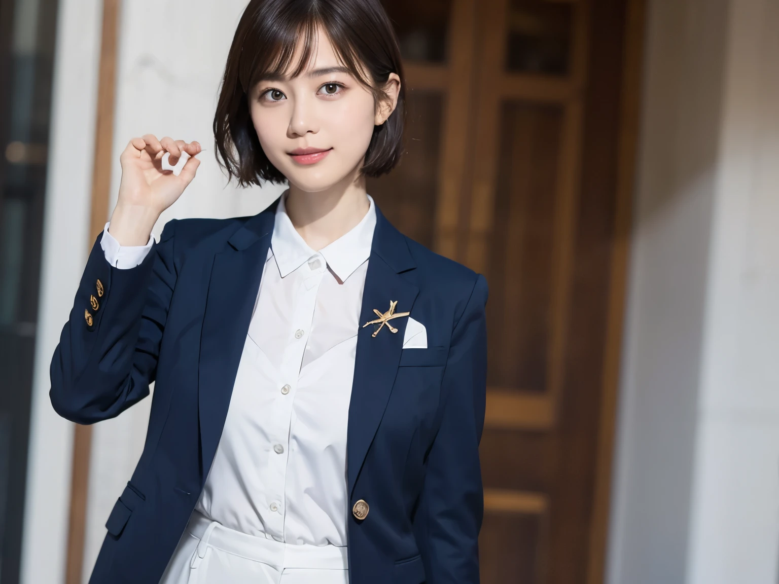 168
Shorthair, a 20 yo woman, gentle smile, working suit