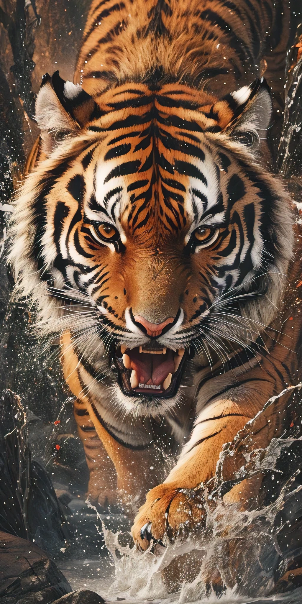The scene depicts a ferocious tiger wielding its claws, with the speed of its motion leaving behind traces. The tiger's gaze is focused and awe-inspiring, and its snarling expression suggests an appetite for devouring everything. Illuminated by intense light and shadows, the tiger's intricate facial features and fur are revealed. The style of the artwork is characterized by ferocity and a strong visual impact, presented through depth effects, dynamic blur, intense light and shadow contrast, and cinematic framing. The white and yellow-red light sources contribute to the surreal atmosphere