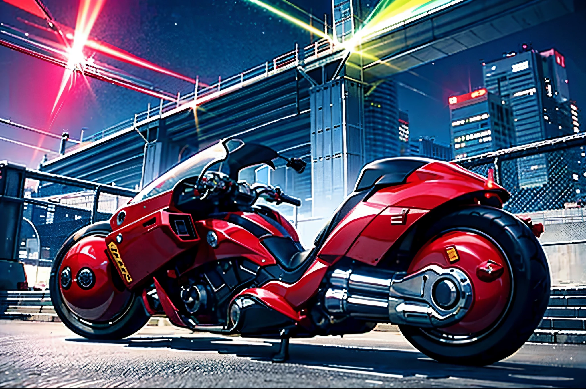 arte oficial, Unity 8K papel de parede, ultra detalhado, beautiful and aesthetic, obra-prima, melhor qualidade, realista, akirabike vermelho, andar de bicicleta, noite, cyberpunk vista da cidade, epic screen, uniforme escolar, pilotado por kaneda do anime akira, moto na cor vermelha