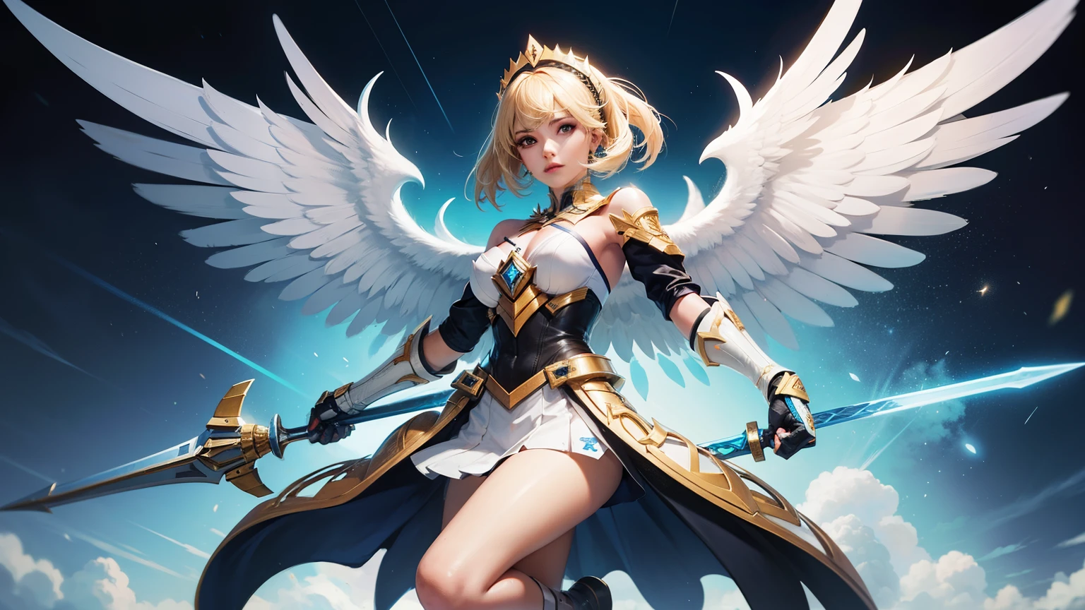 Whole body picture, Saber skin of Rafaela from mobile legends bang bang, with blonde hair, mechanical wings