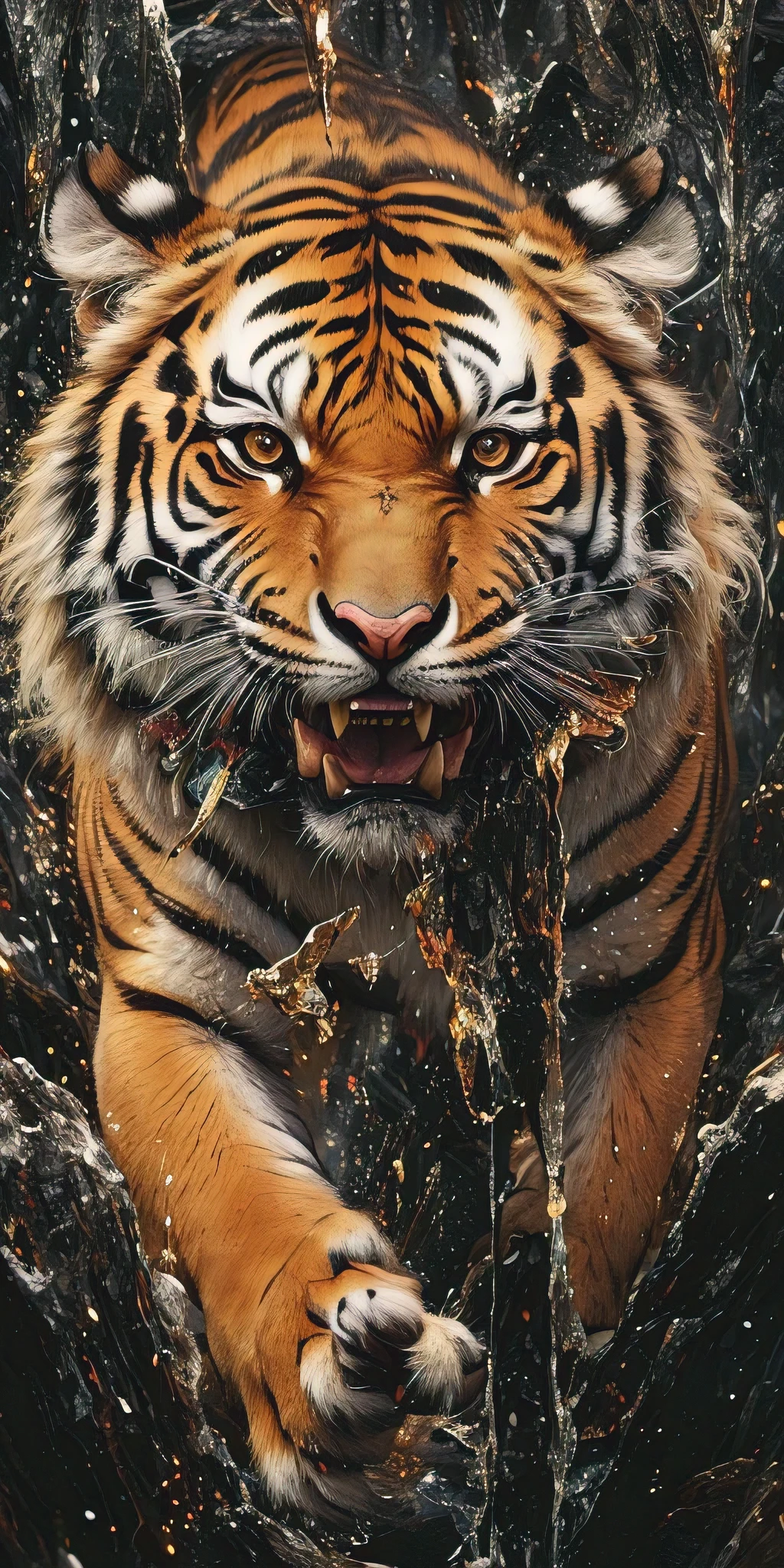 The scene depicts a ferocious tiger wielding its claws, with the speed of its motion leaving behind traces. The tiger's gaze is focused and awe-inspiring, and its snarling expression suggests an appetite for devouring everything. Illuminated by intense light and shadows, the tiger's intricate facial features and fur are revealed. The style of the artwork is characterized by ferocity and a strong visual impact, presented through depth effects, dynamic blur, intense light and shadow contrast, and cinematic framing. The white and yellow-red light sources contribute to the surreal atmosphere