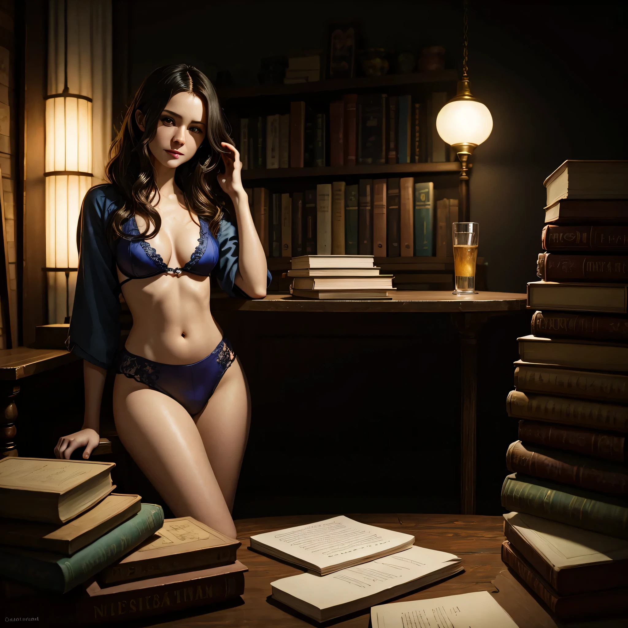 Nina Dobrev, sexy prostitute outfits, studies in the Hogwarts library, sitting at a table in front of a pile of books, short wavy hair, instagram pose, full body, complex, seductress, smiling, small breasts, at night, Highly detailed, digital painting, ArtStation, Concept art, smooth, sharp focus, illustration, Illustration by Wlop, Charlie Bowater and Alexandra Fomina