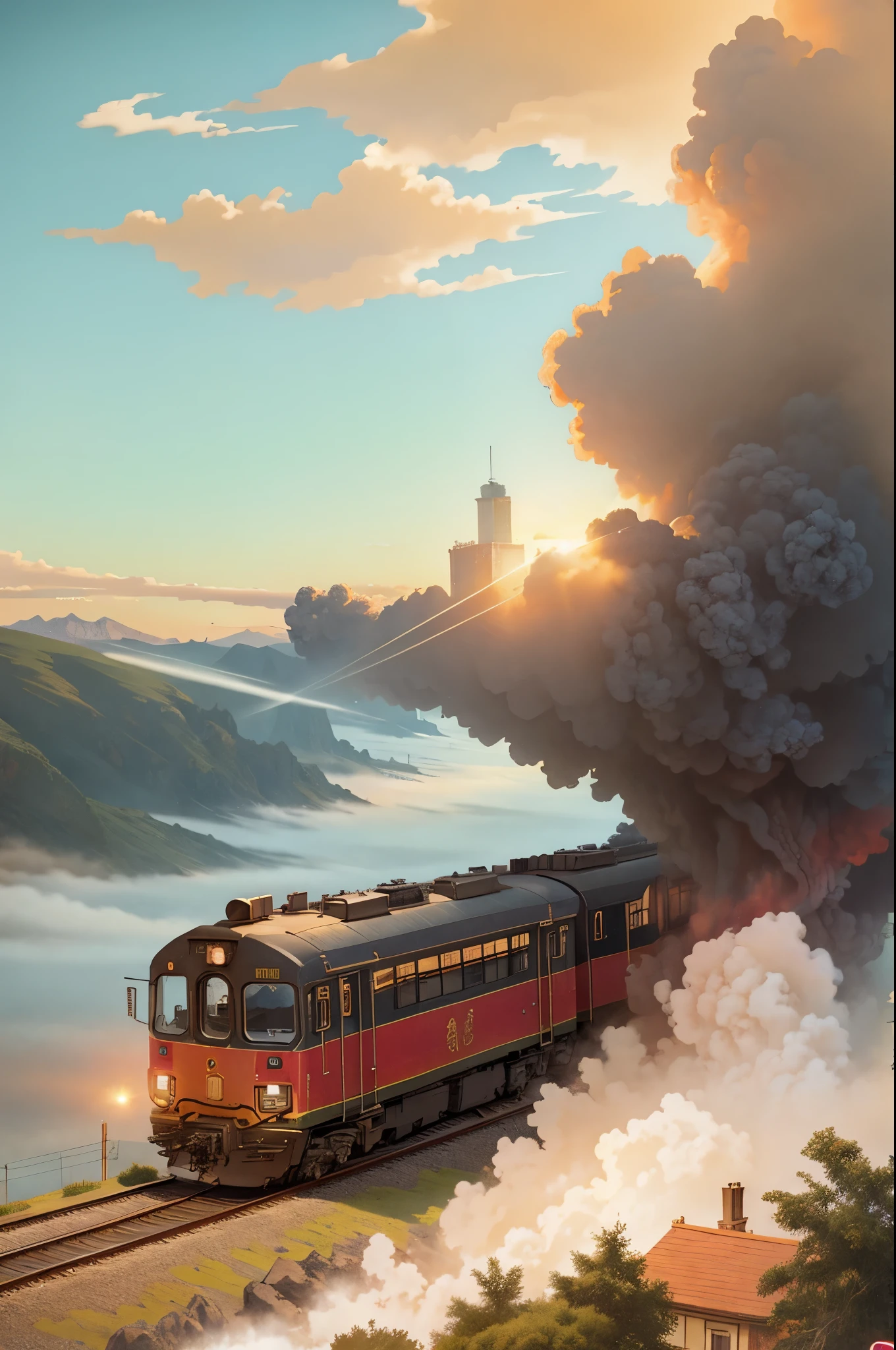 (a train),(photorealistic),(best quality,4k),(vibrant colors),(detailed architecture),(passengers),(steaming locomotive),(railway tracks),(station platform),(billowing smoke),(distant landscape),(dynamic perspective),(sunlit sky),(light and shadows),(long exposure),(urban setting),(motion blur),(railway crossing),(travel and adventure)，style