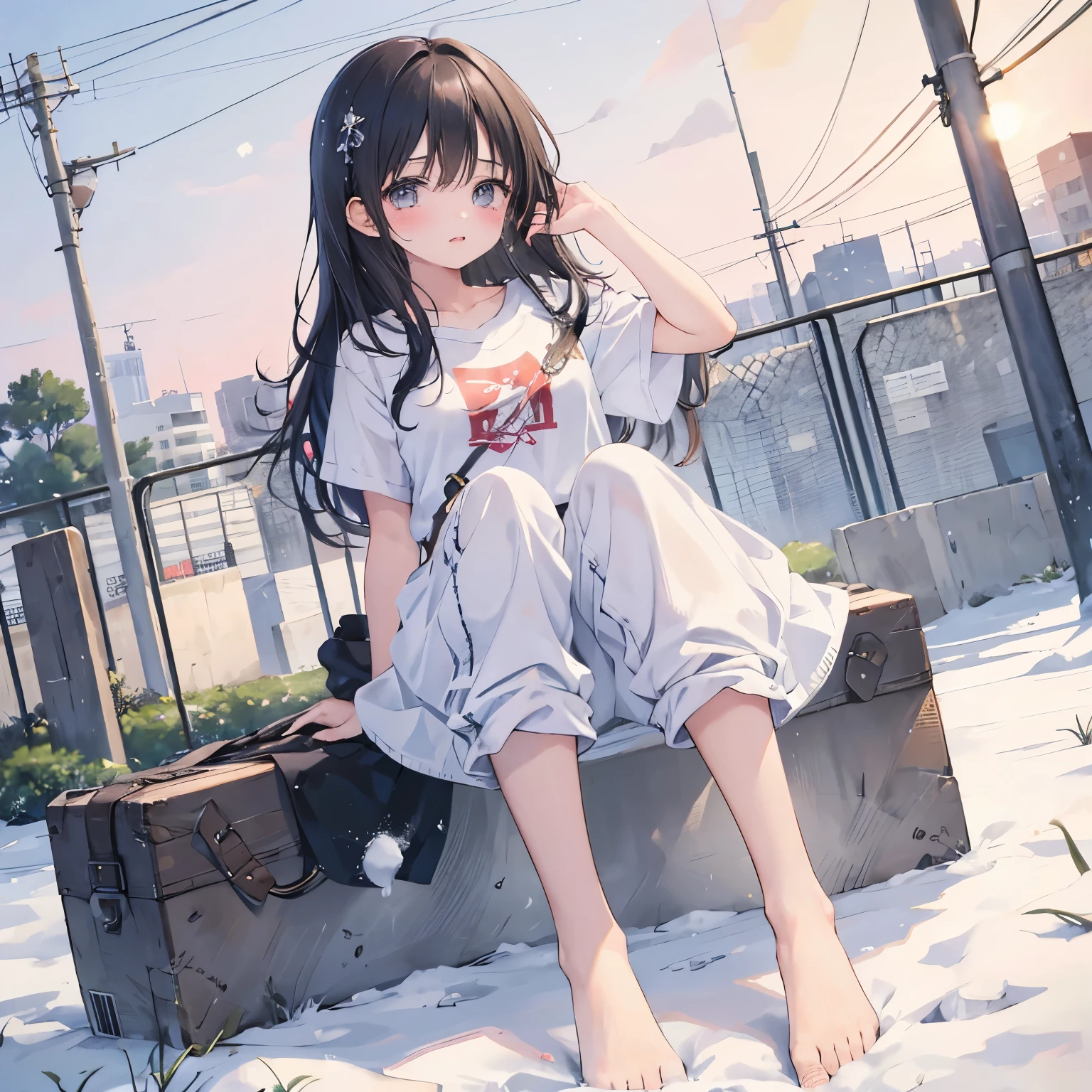 1 girl, It&#39;s snowing in the background, barefoot, Tattered short sleeves, baggy  pants, black long hair, super detailed, high quality, from below, Are crying