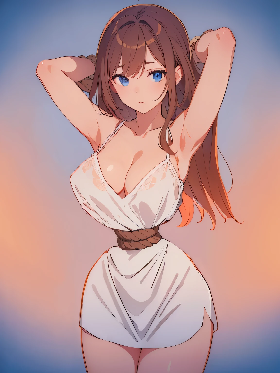 ((masterpiece)), ((best quality)), (ultra-detailed), torture room,(((rope strongly bound waist))),a cute girl, 1girl, solo,camisole onepiece dress,beautiful brown lhair, (beautiful blue eyes), long hair, expression of agony