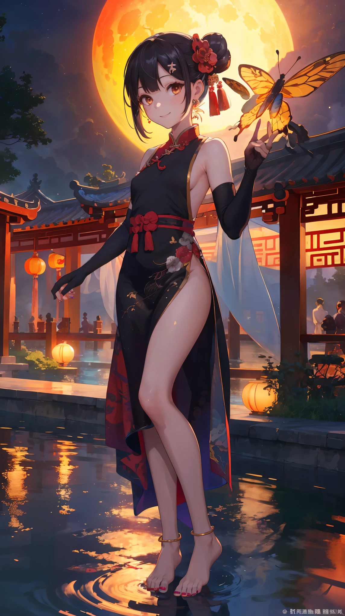 best quality,official art,extremely detailed CG unity 8k wallpaper, (wide shot),1girl, (Miyu Edelfelt),****,black hair,brown eyes,seductive smile,nsfw, barefoot, see-through dress, butterfly, butterfly hair ornament, backless dress, chinese clothes,sleeveless, double bun,golden dragon print,bare foot,see-through,elbow gloves,hair bun, hair ornament,jewelry,earrings,bead anklet,slim legs,nail polish, small breasts, solo, toenail polish, toenails, toes, twintails,outdoor,Chinese style architecture, Chinese style, lake, ancient town, beautiful and meticulous water,the red lantern,fireworks,full moon