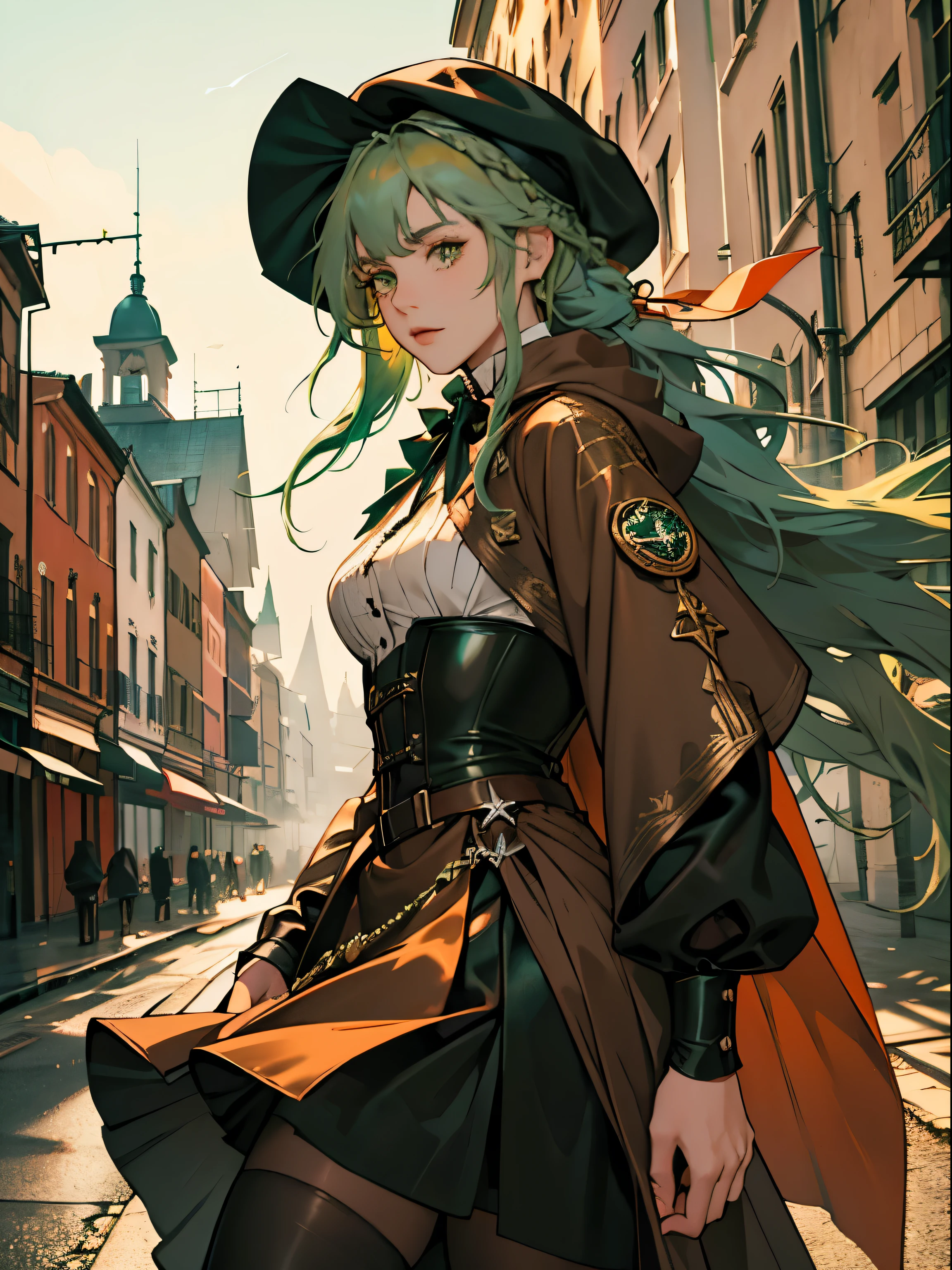 masterpiece, Super detailed, 8K portrait, RAW photo, portrait photography, highly detailed face, beautiful and detailed eyes, ((fantasy)), young and beautiful, 22 years ago, dynamic pose, (((long straight deep green hair))), ((One side is woven with orange ribbon)), dull bangs, beret, white skin color, luxury, hooded (((Dark brown))) (((Silk Long Cloak))) fluttering in the wind, (((dress shirt))), (((silk maxi skirt))), leather corset, (((dark thigh high tights))), High Cut Leather Boots, (((Lift a long magic wand))), ((wear a pocket watch)), midday sun, surreal, body model, small breasts, beautiful breasts, long legs, city, environmental lighting, shadow details , focus the camera on the face, strong wind, light fog