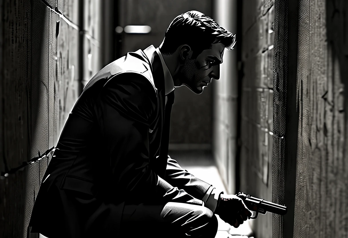 A secret agent ((half in shadow, half in light)) is crouched with his back to the wall in a city alleyway of the cybercity. Paralysed with fear, Clad in a sleek, charcoal-colored suit that seems to meld seamlessly with the darkness. A faint glimmer catches the eye—a telltale sign of the concealed firearm clasped with both hands and held against their cheek.