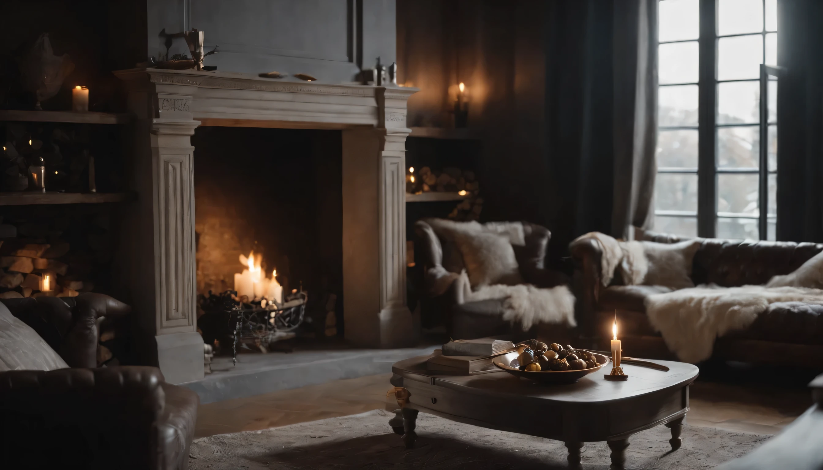 Large dark wood room on upper floor with large living room with large windows, large fireplace with fire, There is a large sofa in front of the fireplace.、.
A warm and stylish room with a candle placed on a stylish stool next to the sofa..
There are no people.