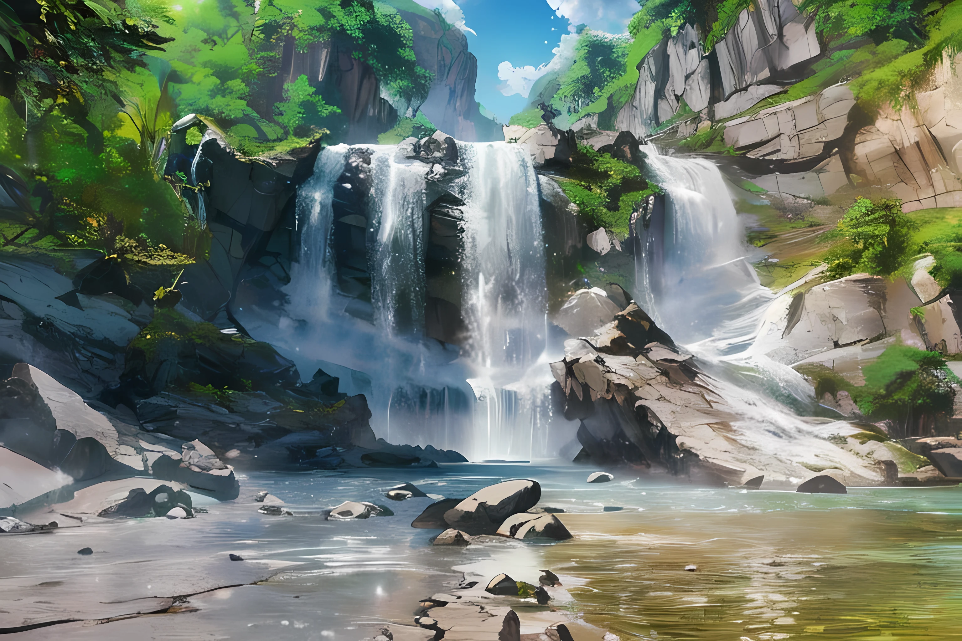 High detail, 8K, ultra HD, high quality, Anime studio, create a image relistict, lighting , softlight, waterfall beautifull
