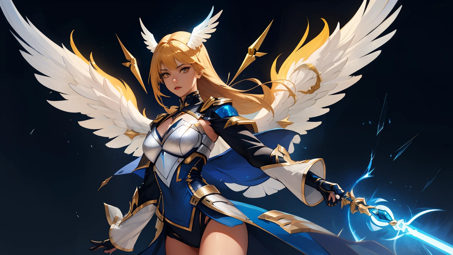 Whole body picture, Saber skin of Rafaela from mobile legends bang bang, with long blonde hair, mechanical wings, magic wand, torn clothes