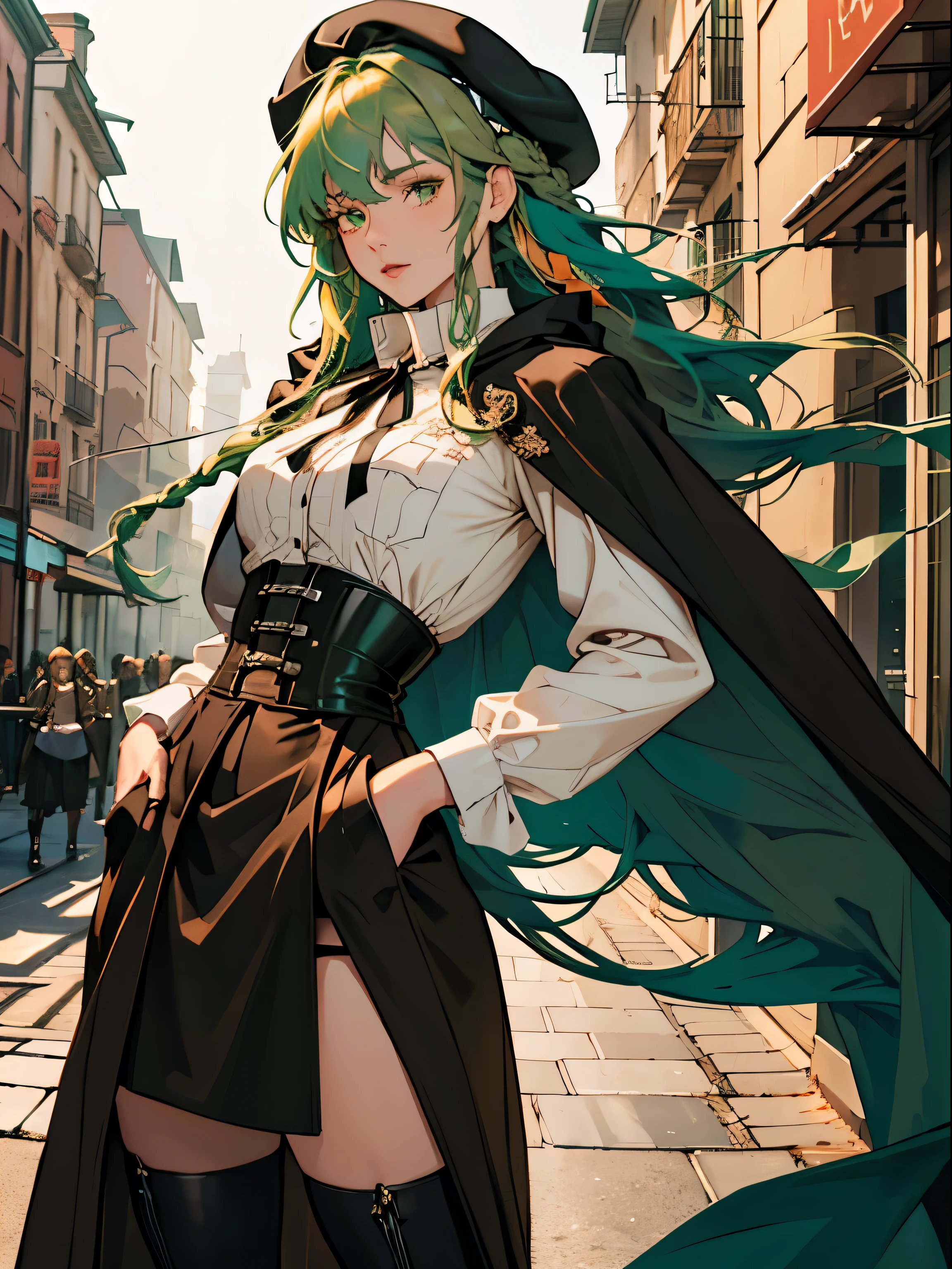 masterpiece, Super detailed, 8K portrait, RAW photo, portrait photography, highly detailed face, beautiful and detailed eyes, ((fantasy)), young and beautiful, 22 years ago, dynamic pose, (((long straight deep green hair))), ((One side is woven with orange ribbon)), dull bangs, beret, white skin color, luxury, hooded (((Dark brown))) (((Silk Long Cloak))) fluttering in the wind, (((dress shirt))), (((silk maxi skirt))), leather corset, (((dark thigh high tights))), High Cut Leather Boots, (((Lift a long magic wand))), ((wear a pocket watch)), midday sun, surreal, body model, small breasts, beautiful breasts, long legs, city, environmental lighting, shadow details , focus the camera on the face, strong wind, light fog