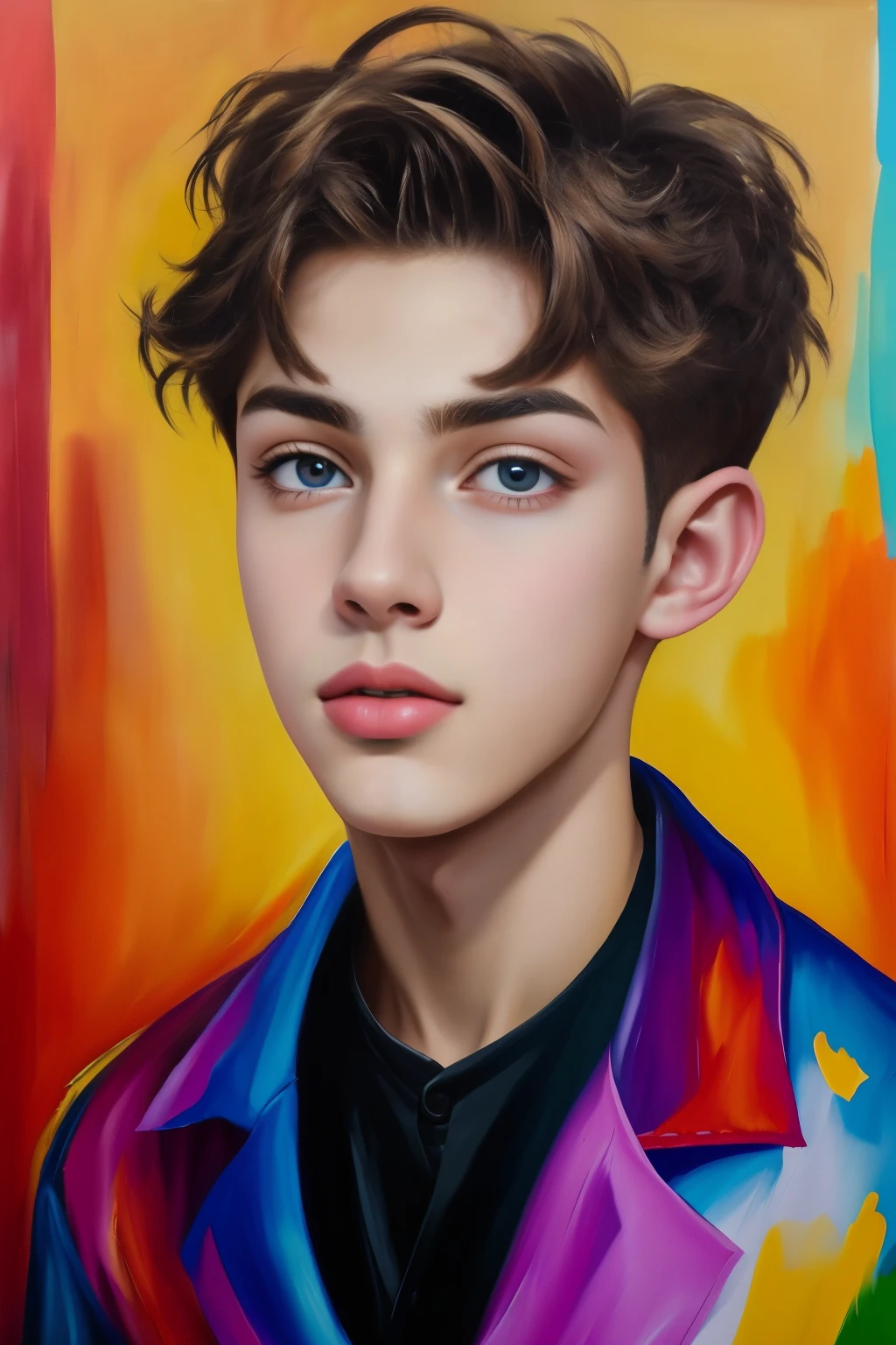 oil painting ! Masterpiece of Art . top quality , detailed image of a beautiful face . Portrait of a very handsome 19 year old boy ! Surreal amazing portrait of a boy with very bright and contrasting colors. , The wind blows paint across the canvas in large clumps. , creating a unique image of a whirlwind of beauty and inspiration in the style of Picasso !