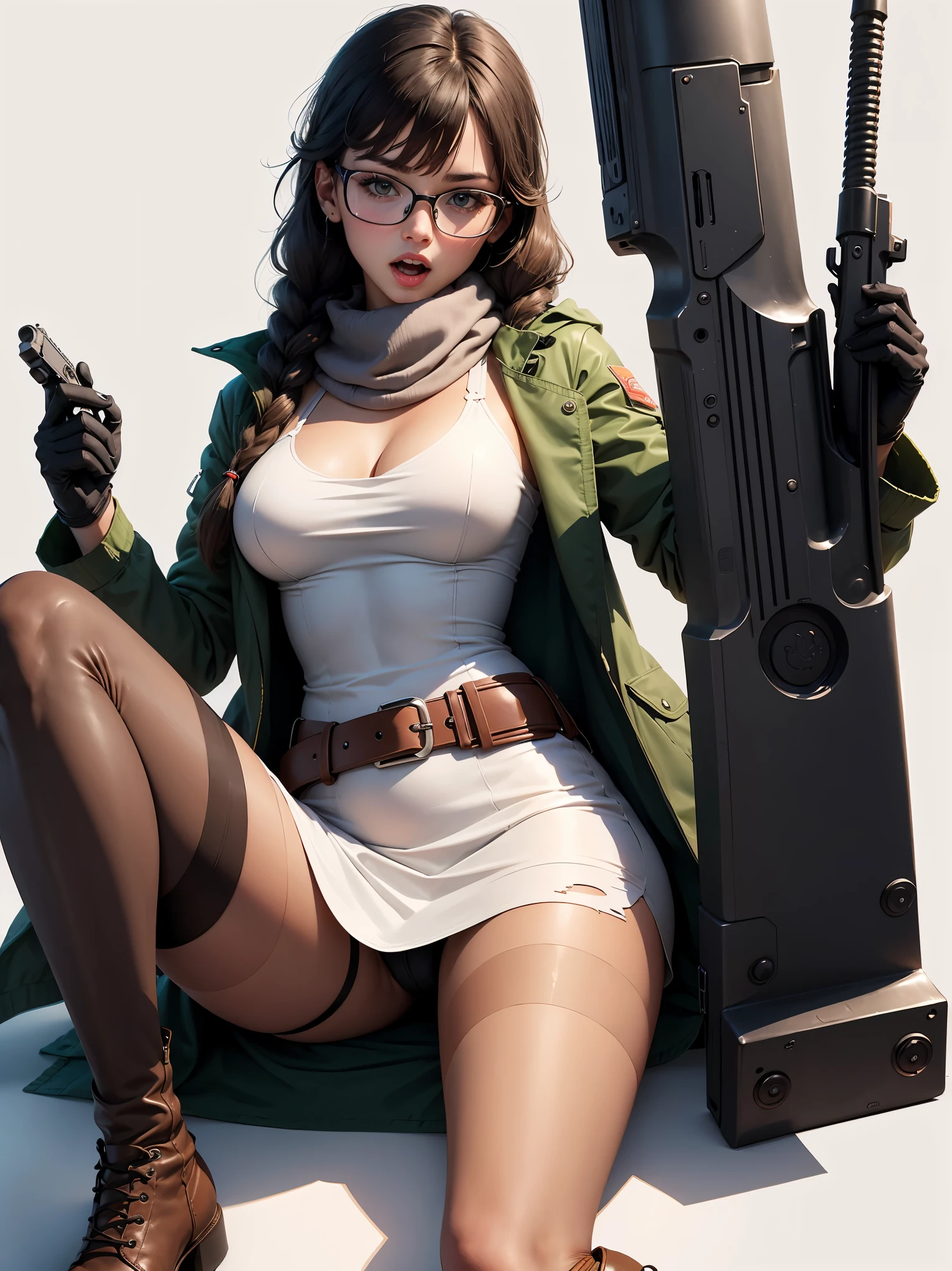 (best quality), ((masterpiece)), (highres), illustration, original, extremely detailed, zlqs, 1girl, solo, weapon, pantyhose, boots, gun, glasses, jacket, torn clothes, white background, black footwear, twin braids, torn pantyhose, simple background, dress, full body, brown pantyhose, braid, hairband, black-framed eyewear, holding weapon, green jacket, open mouth, black hair, holding, white dress, gloves, long hair, holding gun, handgun, brown eyes, looking at viewer, jewelry, knee boots, breasts, bangs, long sleeves, torn dress, scarf, fingerless gloves, open clothes, open jacket, belt