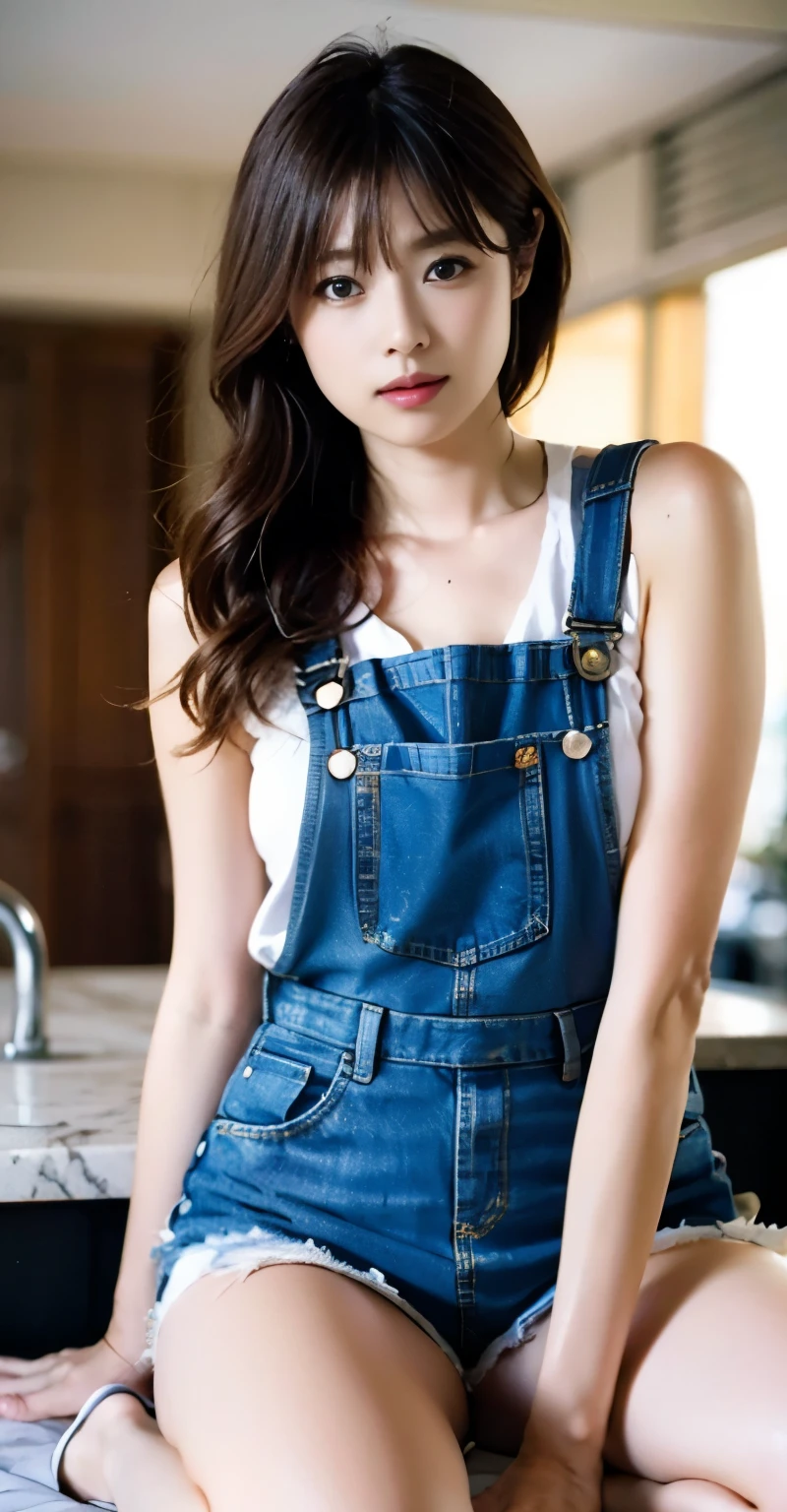 (perfect ???????),((Ulzan 6500)),highest quality,very detailed,masterpiece,Super detailed,Pose on one knee in the kitchen,超High resolution,(realistic:1.4,8k),西Dayをバックに台所にしゃがむ姿が美しい二十歳の新妻,Thin muscular big hips are irresistible,(large size overalls),Day,笑face,face,Chestnut colored semi-long hair,鼻が高く彫りが深いface,Elegant appearance,dynamic portrait,magic lighting,Bright colors,Melting deep depth of field background using Hasselblad,(highest quality,4k,8k,High resolution,masterpiece:1.2),(realistic,realistic:1.37),
