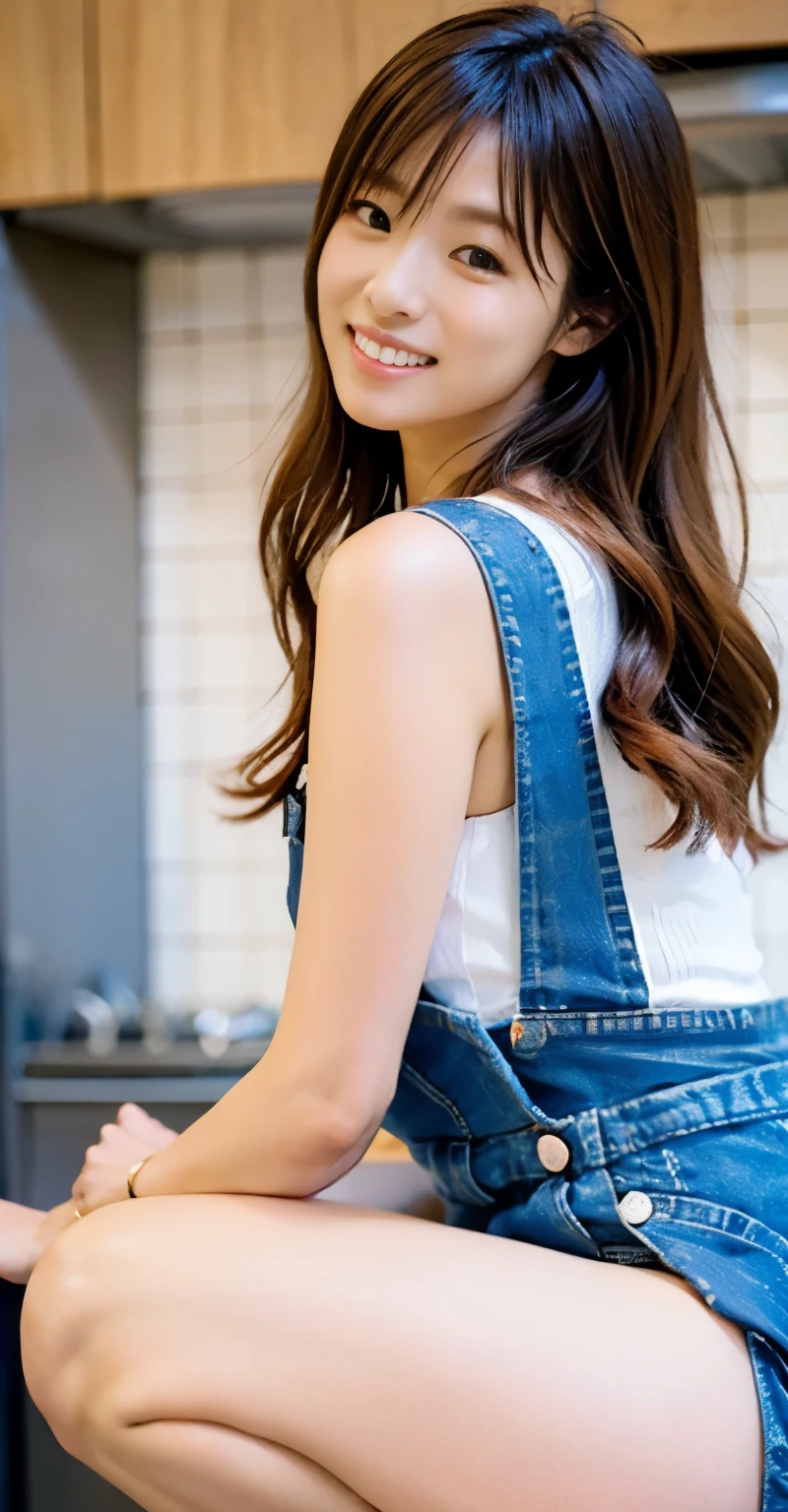 (perfect anatomy),((Ulzan 6500)),highest quality,very detailed,masterpiece,Super detailed,Squat and pose in the kitchen,超High resolution,(realistic:1.4,8k),A beautiful 20-year-old newlywed wife squatting in the dazzling morning sun in the kitchen.,I'm irresistible with my proud slender muscular big hips.,(Looks great with large overalls),The most adorable smile with the corners of the mouth raised,Chestnut colored semi-long hair,High nose and deep chiseled face,Elegant appearance,dynamic portrait,magic lighting,Bright colors,Melting deep depth of field background using Hasselblad,(highest quality,4k,8k,High resolution,masterpiece:1.2),(realistic,realistic:1.37),