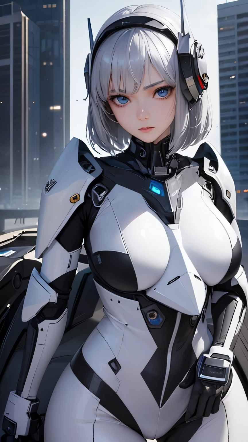 Highest image quality, outstanding details, ultra-high resolution, (realism: 1.4), the best illustration, favor details, highly condensed 1girl, with a delicate and beautiful face, dressed in a black and silver mecha, wearing a mecha helmet, holding a directional controller, riding on a motorcycle, cool beauty,tall girl,short hair,silver hair,Precisely expresses details such as face and skin texture,beautiful eye, blue eye,double eyelid,delicate skin,slender body shape,alone,big breasts,the background is a high-tech lighting scene of the future city.