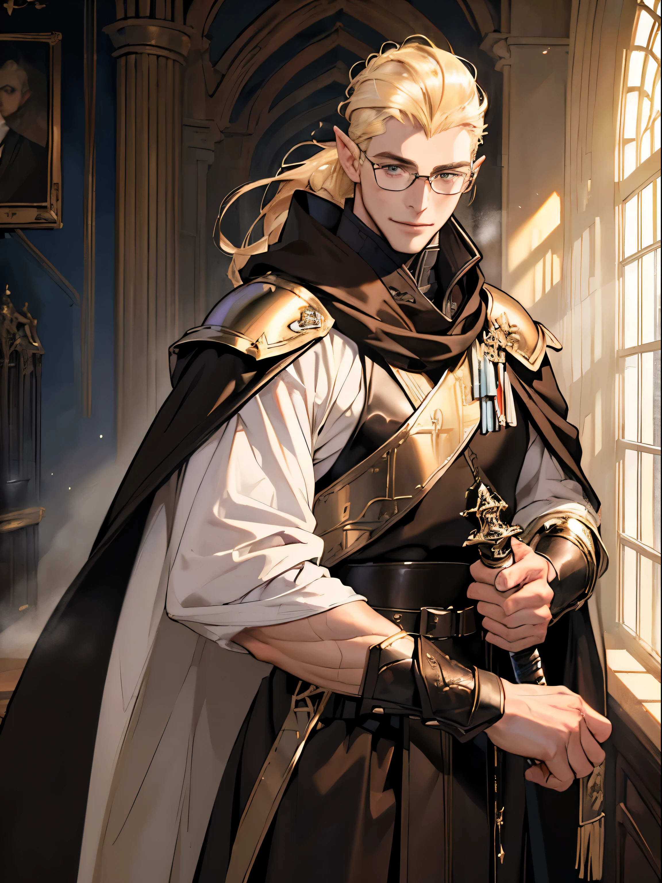(((((male))))), masterpiece, super detailed, 8K portrait, RAW photo, male's portrait photography, highly detailed face, beautiful and detailed eyes, ((fantasy)), 35 years old (((male))), (((male性の体))), goblin, 190cm, expensive, Glasses, ((blonde)) ponytail (((smooth back hair))), kind face, smile, adventurer, hooded (((dark brown silk long cloak))) fluttering in the wind, (((male性の白板鎧))), leather boots, with a long magic sword, midday sun, surreal, strong body, long legs, inside the castle, environmental lighting, shadow details , focus the camera on the face, strong wind, light fog
