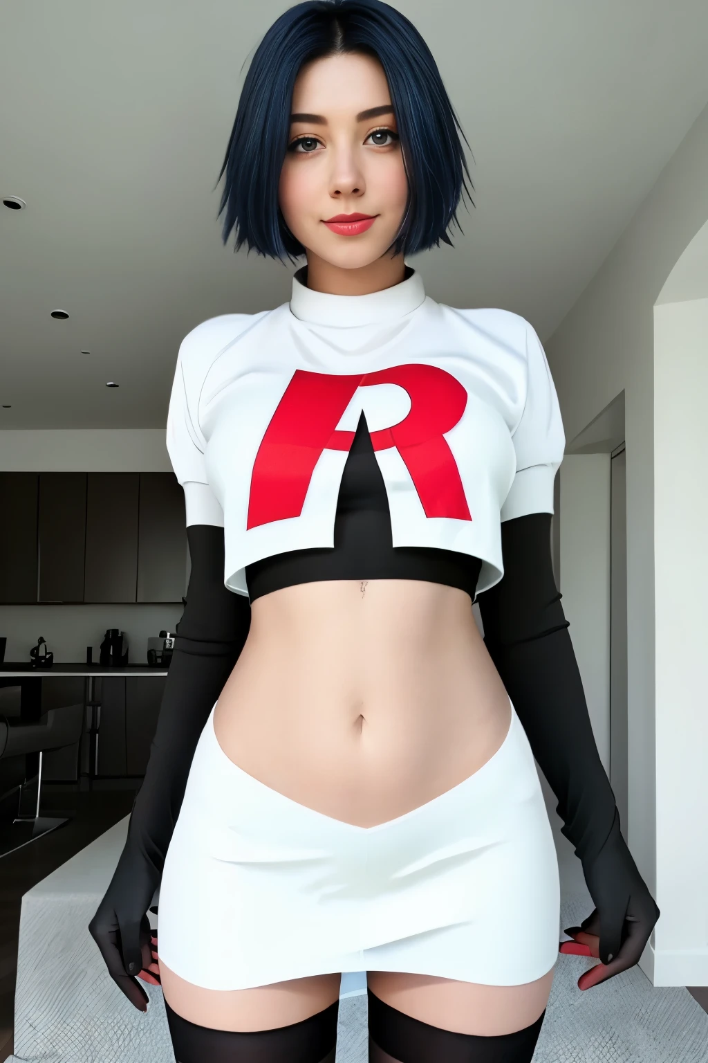 masterpiece,(best quality:1.2),girl,haircut,team rocket,team rocket uniform,white skirt,red letter R,crop top,black thigh-highs,black elbow gloves,