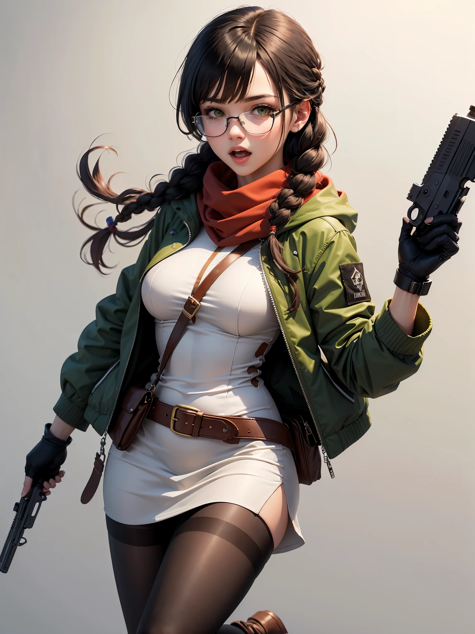 (best quality), ((masterpiece)), (highres), illustration, original, extremely detailed, zlqs, 1girl, solo, weapon, pantyhose, boots, gun, glasses, jacket, torn clothes, white background, black footwear, twin braids, torn pantyhose, simple background, dress, full body, brown pantyhose, braid, hairband, black-framed eyewear, holding weapon, green jacket, open mouth, black hair, holding, white dress, gloves, long hair, holding gun, handgun, brown eyes, looking at viewer, jewelry, knee boots, breasts, bangs, long sleeves, torn dress, scarf, fingerless gloves, open clothes, open jacket, belt