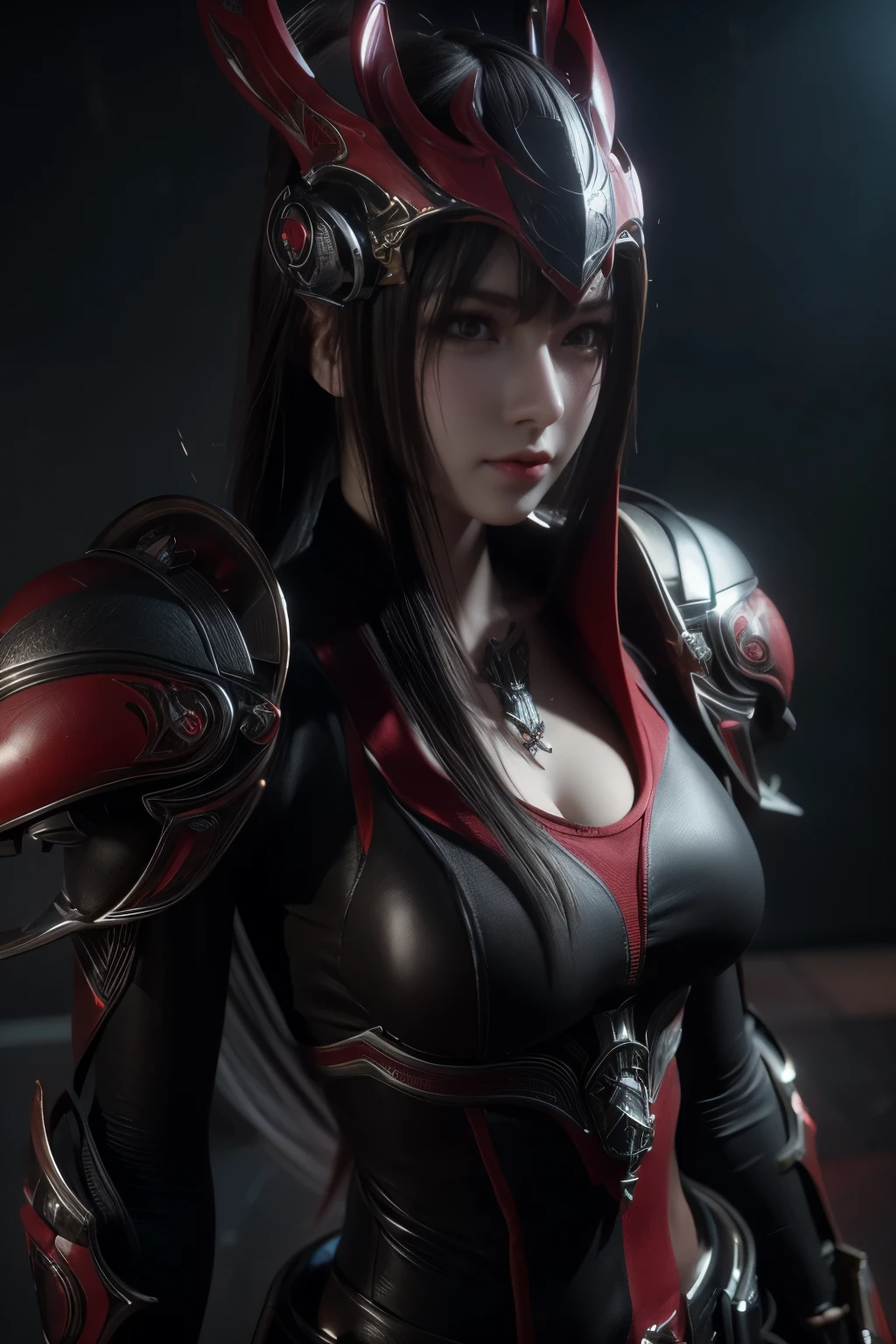 Masterpiece,Game art,The best picture quality,Highest resolution,8K,(A bust photograph),(Portrait),(Head close-up),(Rule of thirds),Unreal Engine 5 rendering works,(Digital Photography),
20 year old girl,Short hair details,With long bangs,The red eye makeup is very meticulous,(Short White Hair,Fiery red eyes),(Large, full breasts),
(A combat suit that combines fantasy and science fiction,Chinese ancient style clothing combined with sci-fi elements,Shoulder pads,Hollow design,The Devil's Crown,Metallic texture,Cloak),Valkyrie in the world of cyberpunk,Grey background,
Movie lights,Ray tracing,Game CG,((3D Unreal Engine)),oc render reflection texture